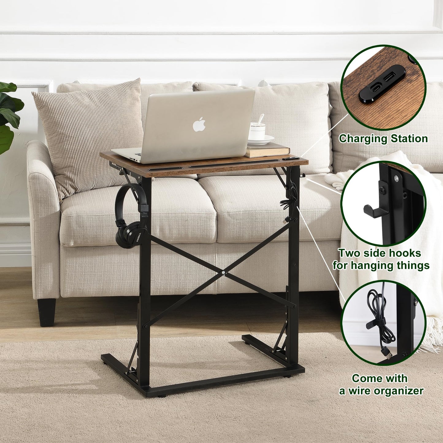 GugiNest 21''Wx28''H Folding TV Tray, Small C-Shaped End Table with Devices Slots and USB Charging Station, Slide Under Couch Side Table for Living Room, Bedroom, Rustic Brown
