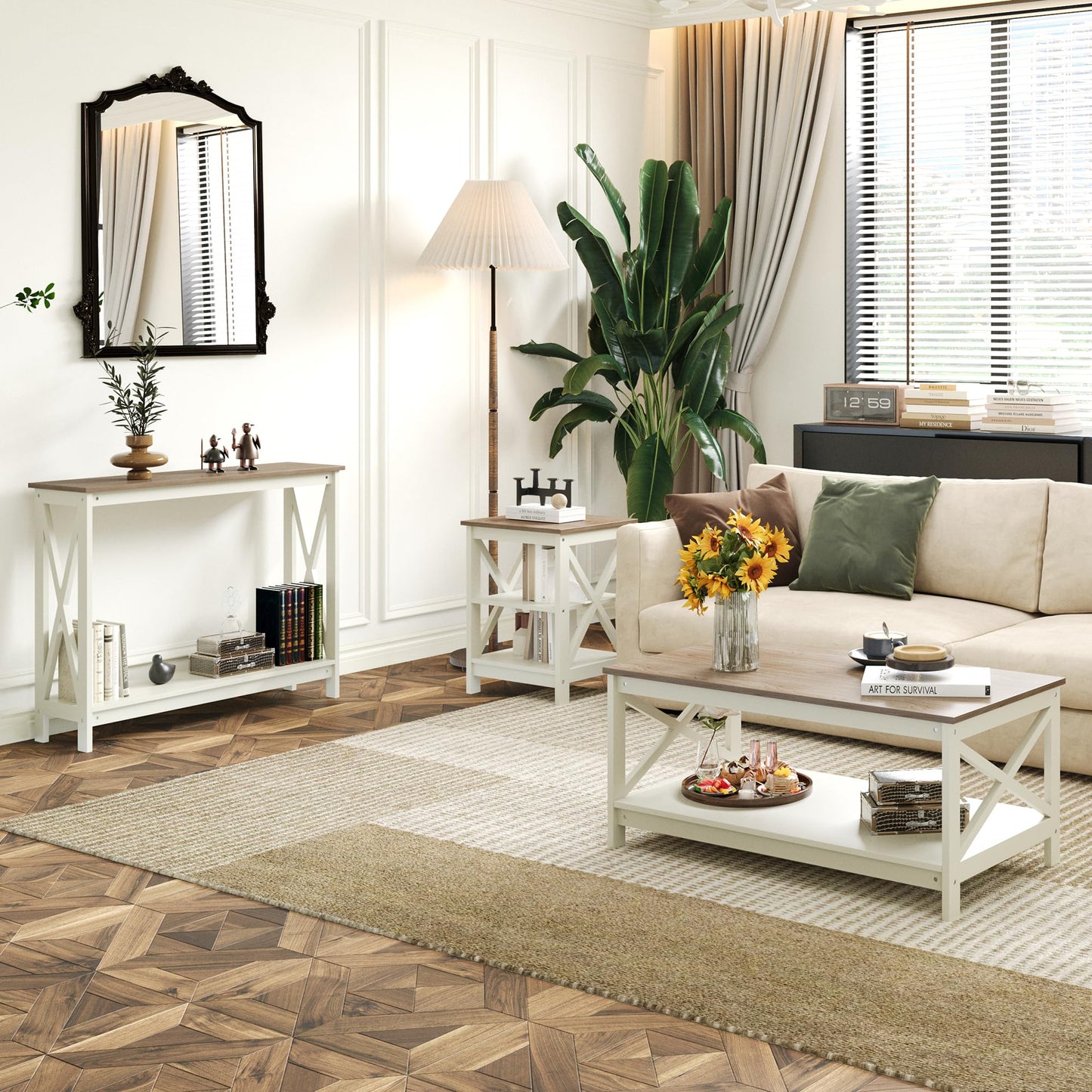 Sophia & William Farmhouse End Table Living Room Set of 2, Sofa Side Table with Storage Shelves, Ivory