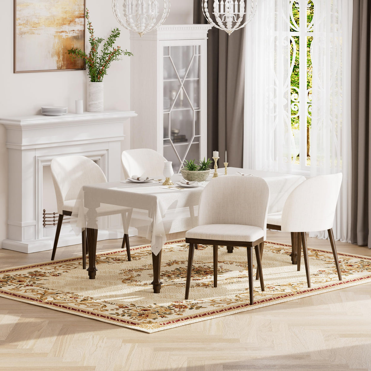Homixis Upholstered Dining Chairs Set of 6 - Line Fabric Modern Dining Room Chairs, Mid-Back Restaurant Kitchen Chairs with Wooden Legs