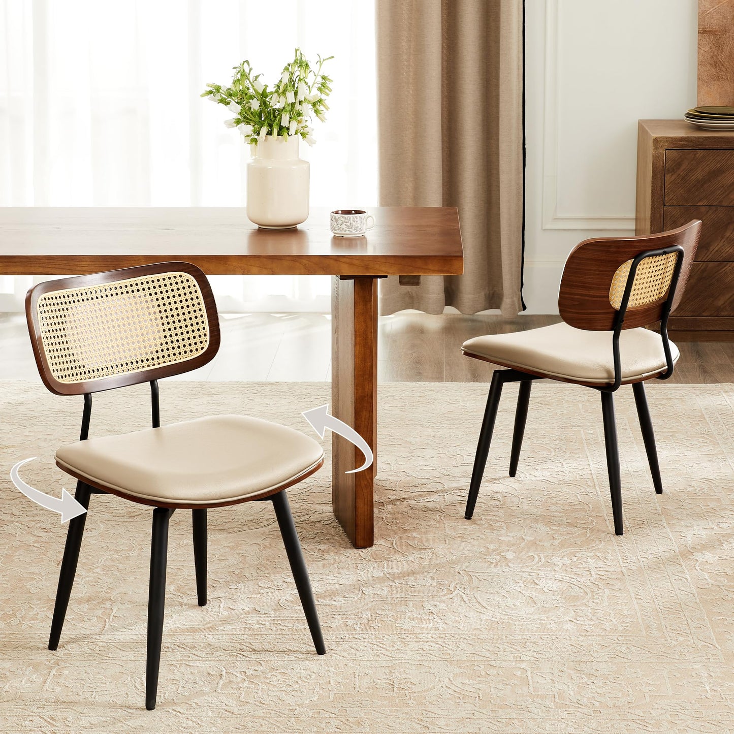 Quenvo Swivel Dining Chairs with Rattan Back, Rattan Leather Dining Chairs with Swivel Metal Legs, Mid-Century Modern Synthetic Leather Upholstered Kitchen Chair, Set of 4, Beige
