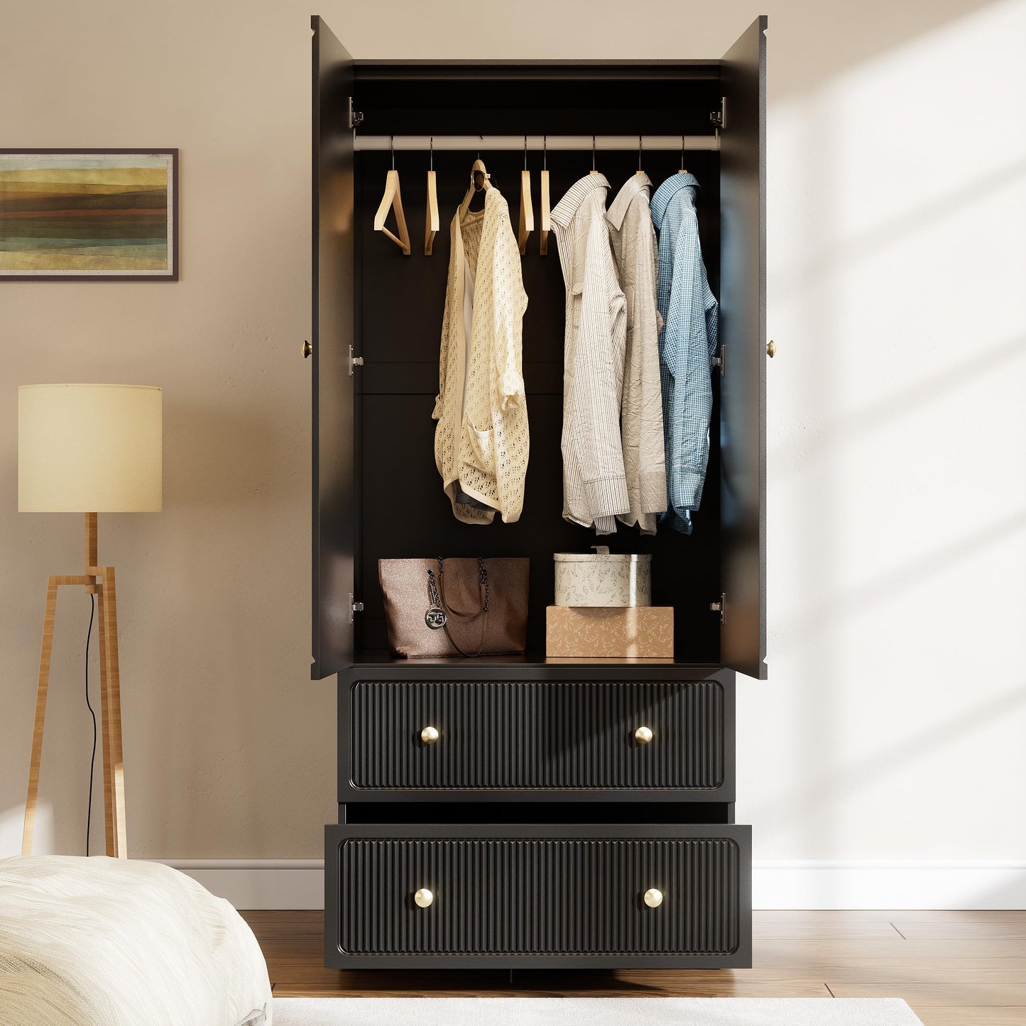 PAKASEPT Armoire Wardrobe Closet with 2 Drawers & Hanging Rod, Freestanding Wooden Wardrobe Cabinet with 2 Striped Doors for Bedroom, Living Room