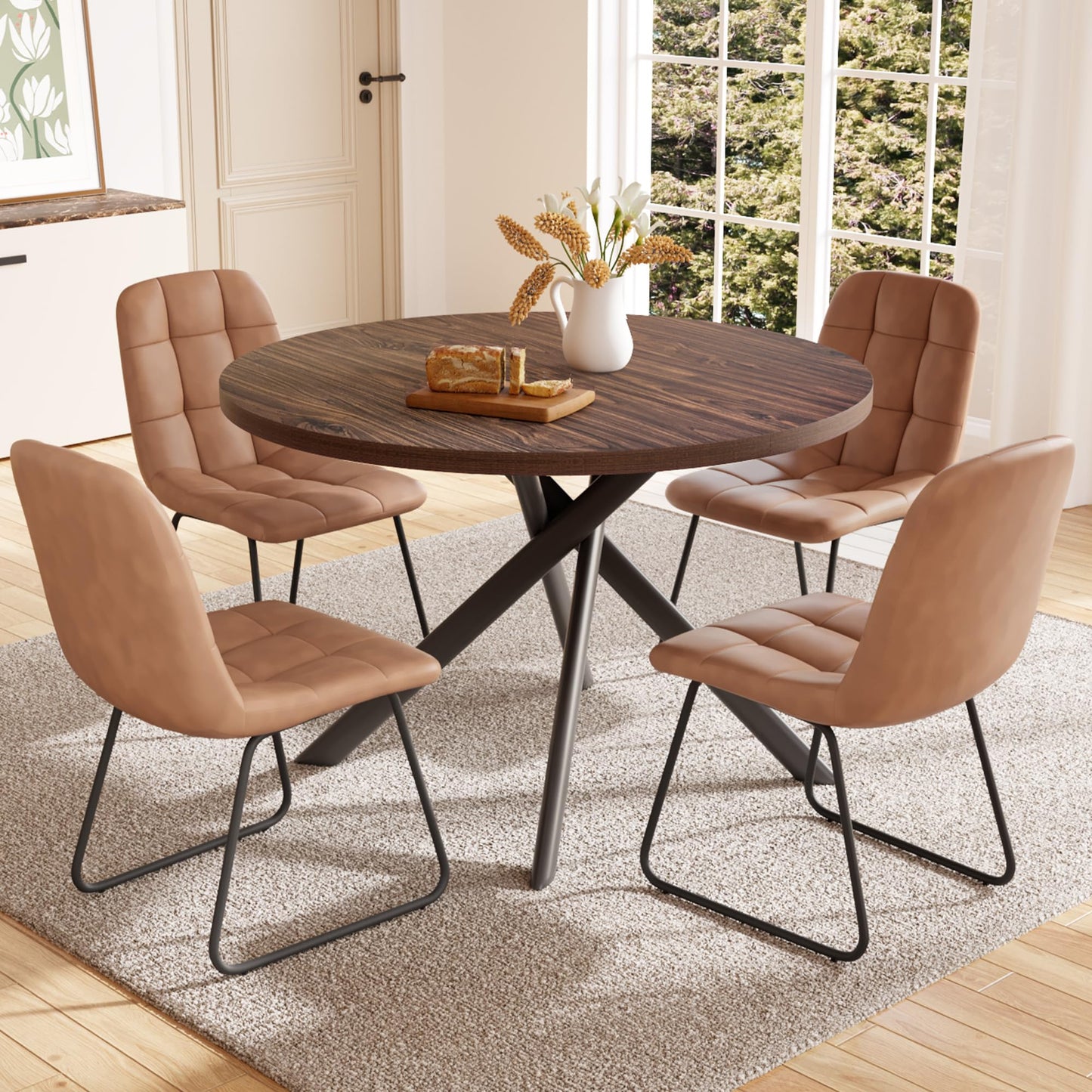 HIPIHOM 45.3 Inch Round Dining Table Set for 4, Mid Century Modern Small Coffee Set for Dining Room Kitchen Apartment (Walnut Table + 4 U-Shaped Brown Chairs)