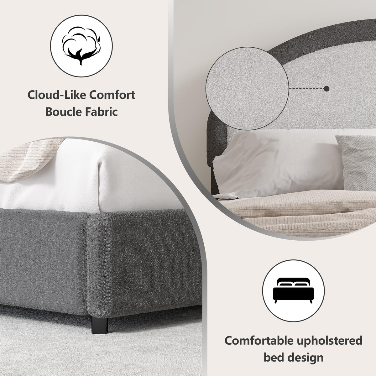 REVOMINCA Twin Boucle Bed Frame, Boucle Upholstered Platform Bed Twin Size with Headboard, Twin Bed Frame for Kids Boys Girls, Low Profile Bed, Soft Rounded Corners, No Box Spring Needed, Grey