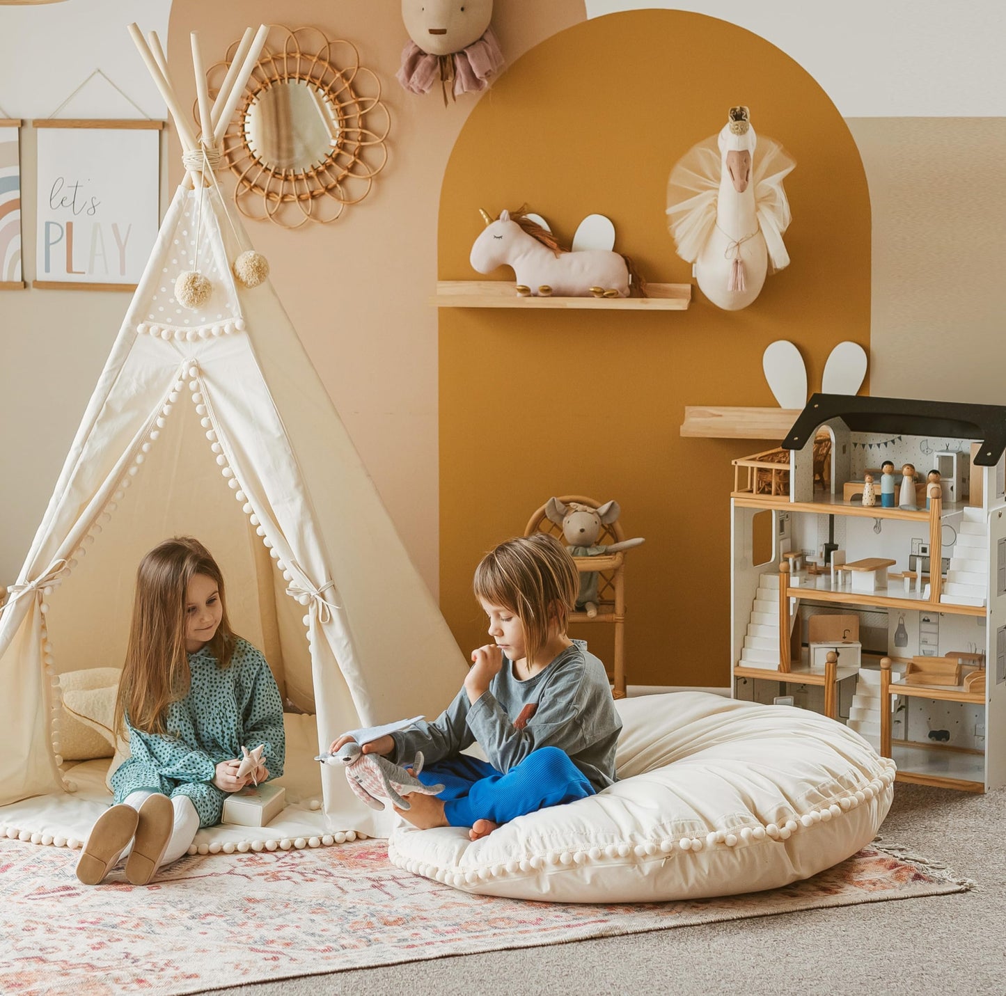 MINICAMP Large Kids Floor Pillow - Ultra-Fluffy Bean Bag Chair with Filler Included & Washable Cover - Cute Floor Lounger, Reading Cushion for Toddlers & Teens - 100% Certified Cotton - 40” Wide!