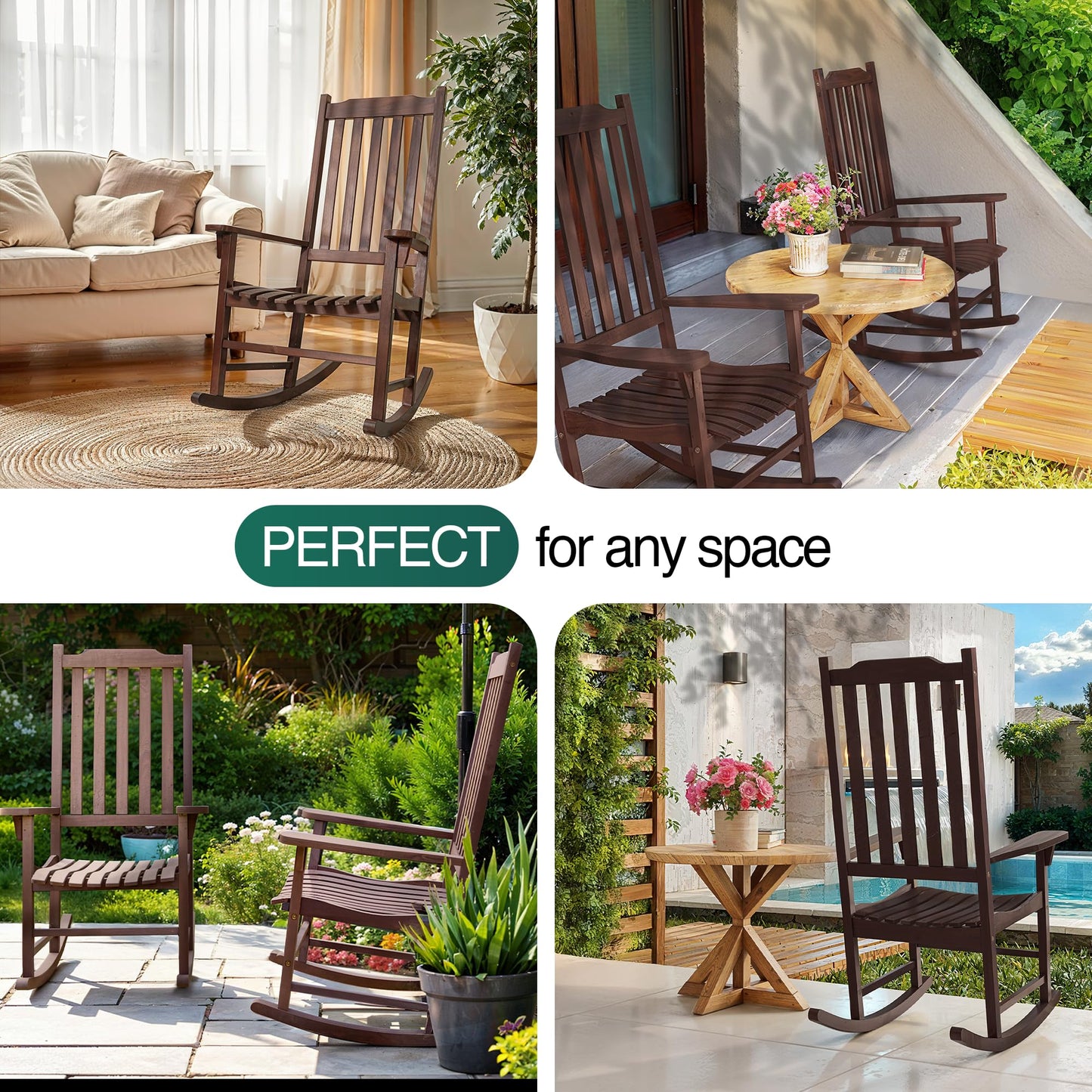 Tranquillo Oasis Wooden Rocking Chair for Patio, Porch, or Indoor Use – Classic Acacia Wood Rocker with Sturdy Frame, Comfortable Slatted Seat, Smooth Rocking Motion – Farmhouse Outdoor Chair