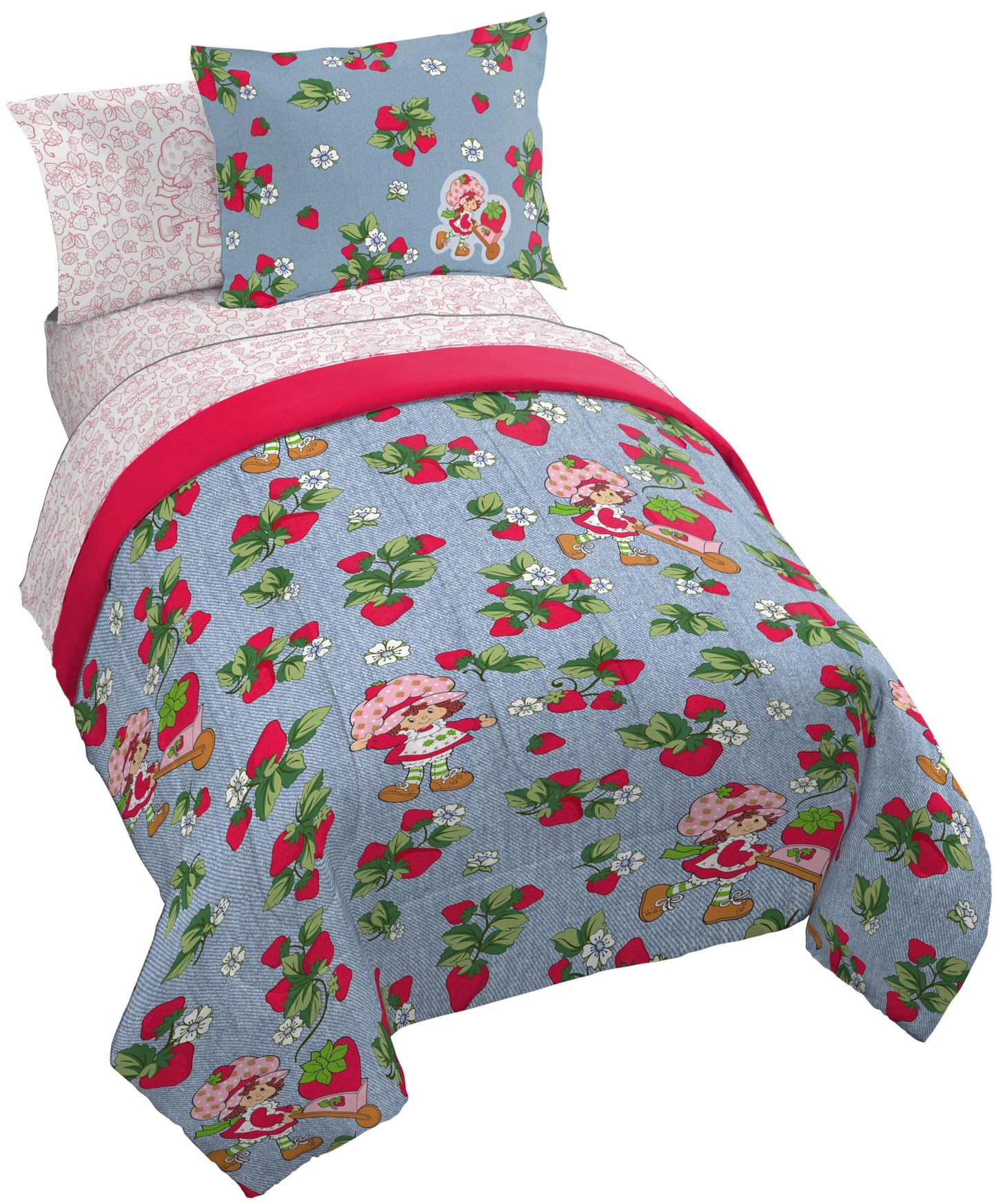 Jay Franco Kids Comforter Set Includes Sheets and Pillow Covers - Soft and Cozy Bed Set for Stylish Room Decor, Blue - Strawberry Shortcake, 7 Piece Full Size Bedding