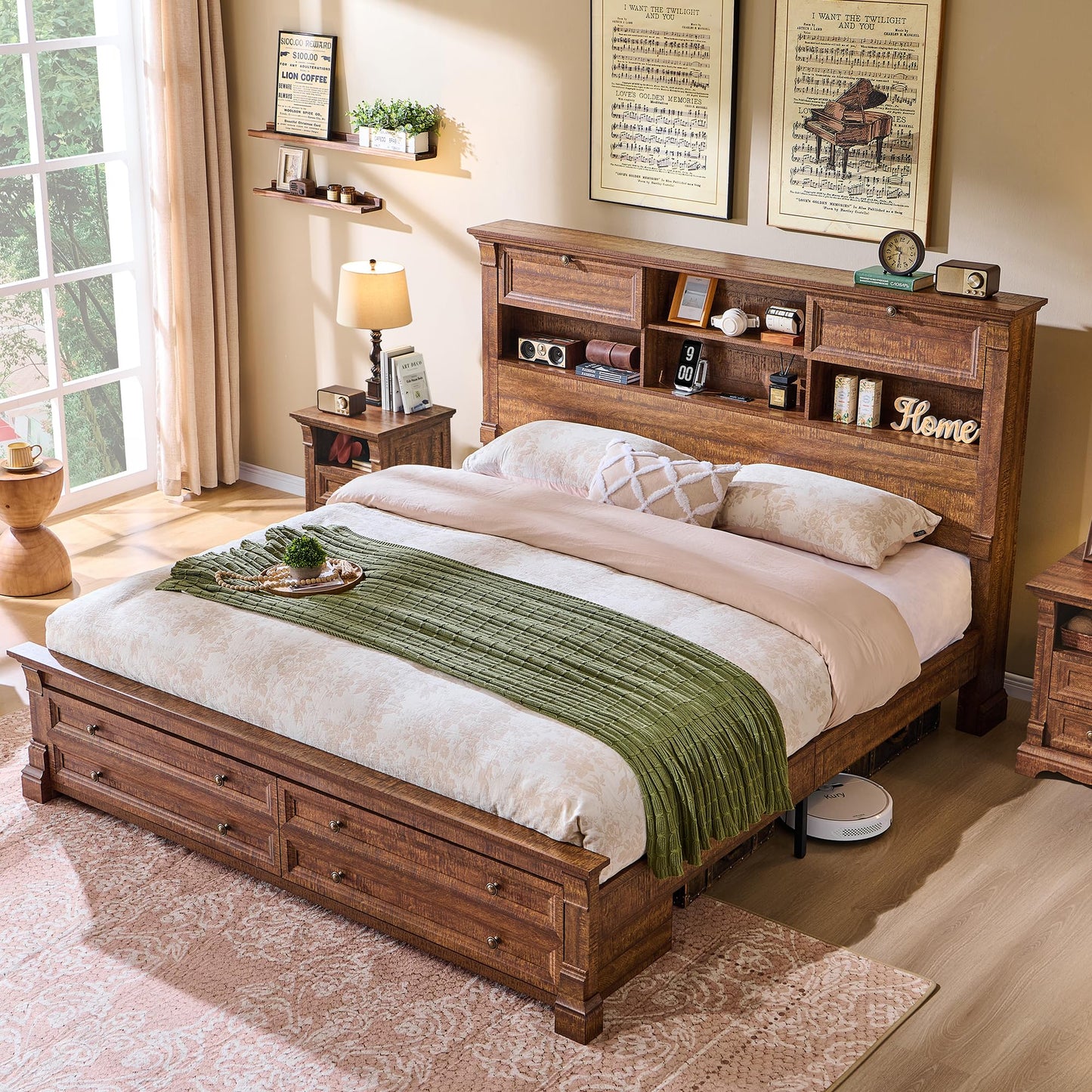 Farmhouse King Size Bed Frame with 54" Tall Headboard, Headboard with 4 Storage Rack, 2 Drawers, Wood Platform Bed Frame,18" Roman Column Decoration Footboard, No Box Spring Needed(Reclaimed Barnwood)