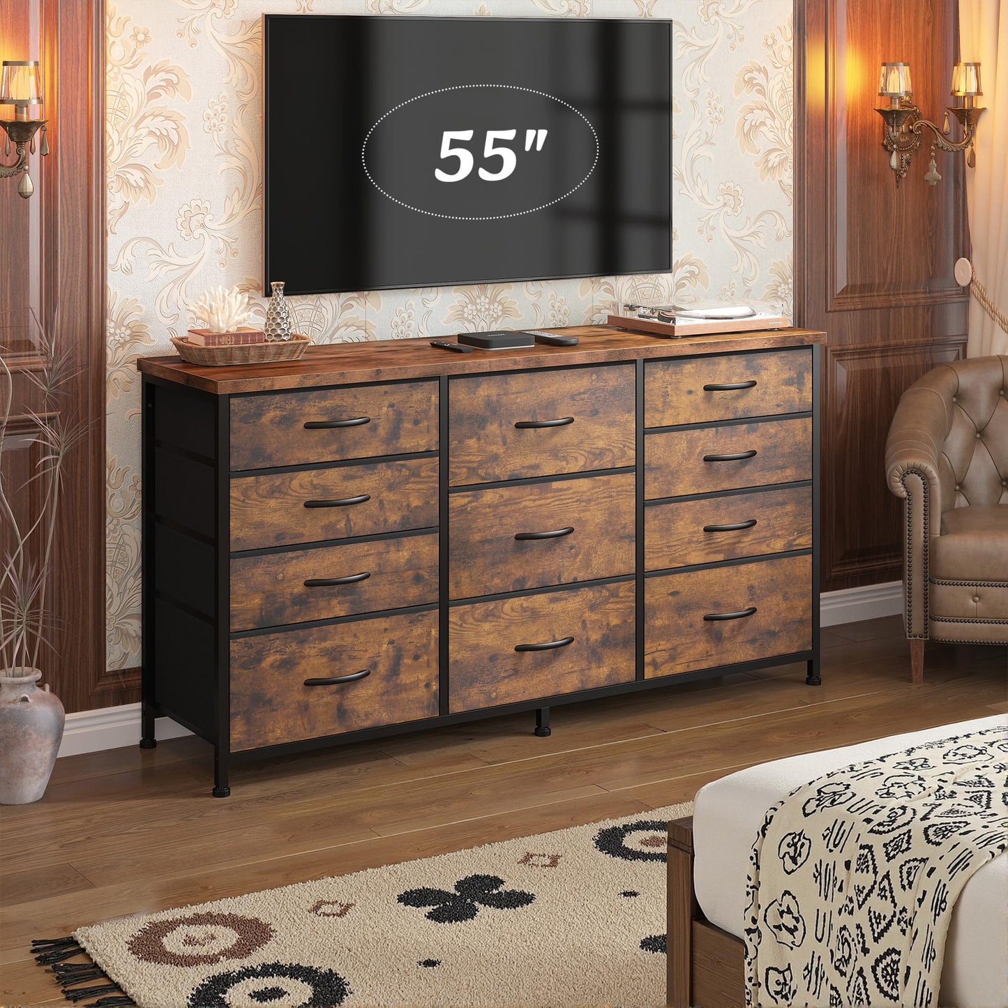 Romorgniz Dresser for Bedroom with 11 Fabric Drawers, Dresser TV Stand for 50, 55 Inch TV, Sturdy Storage Dressers & Chests of Drawers for Closet, Entryway (Rustic Brown)