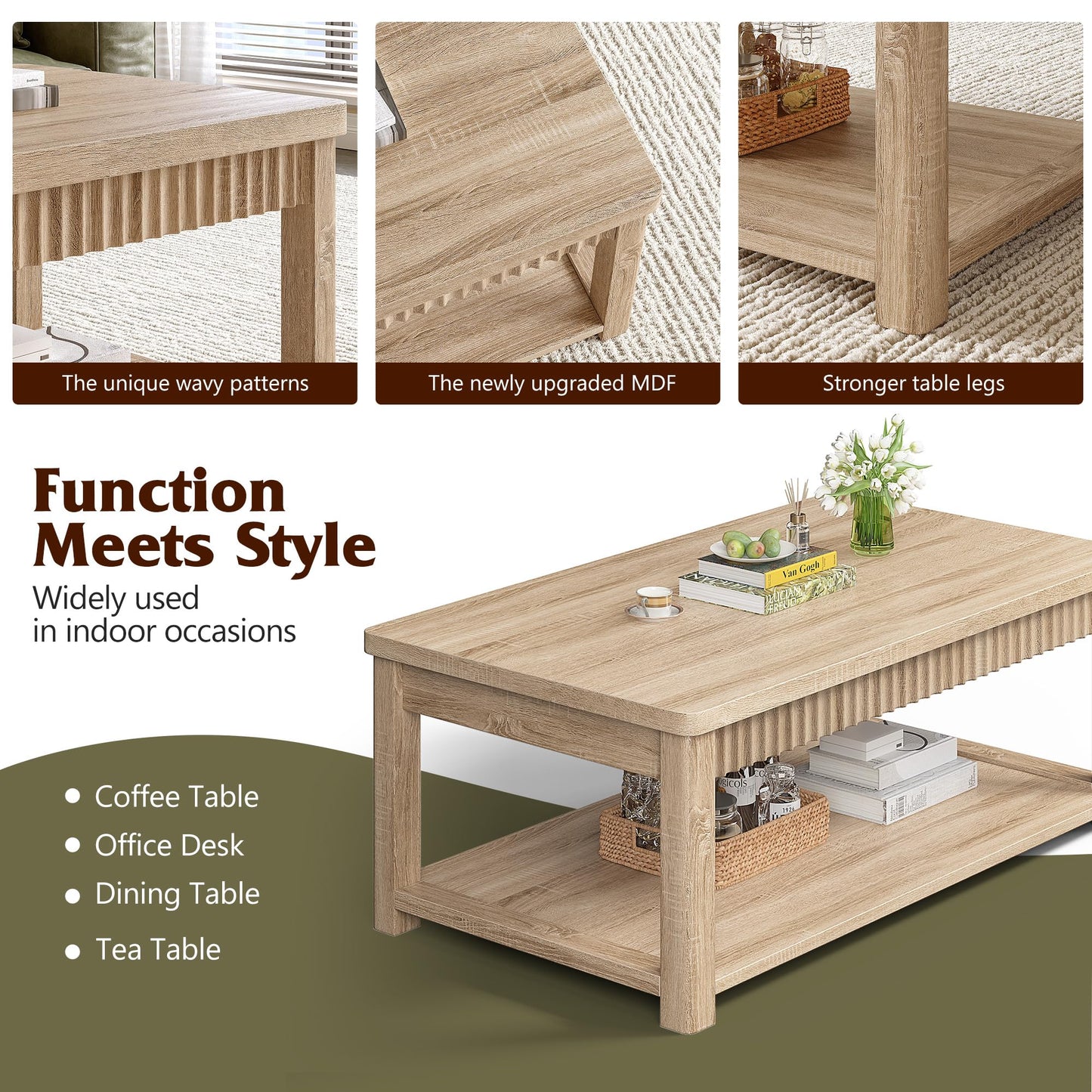 Homkdom Coffee Table, 39 Inch Modern Coffee Tables for Living Room with 2-Tier Storage & Wave-Edge, Oak Center Table for Bedroom/Office