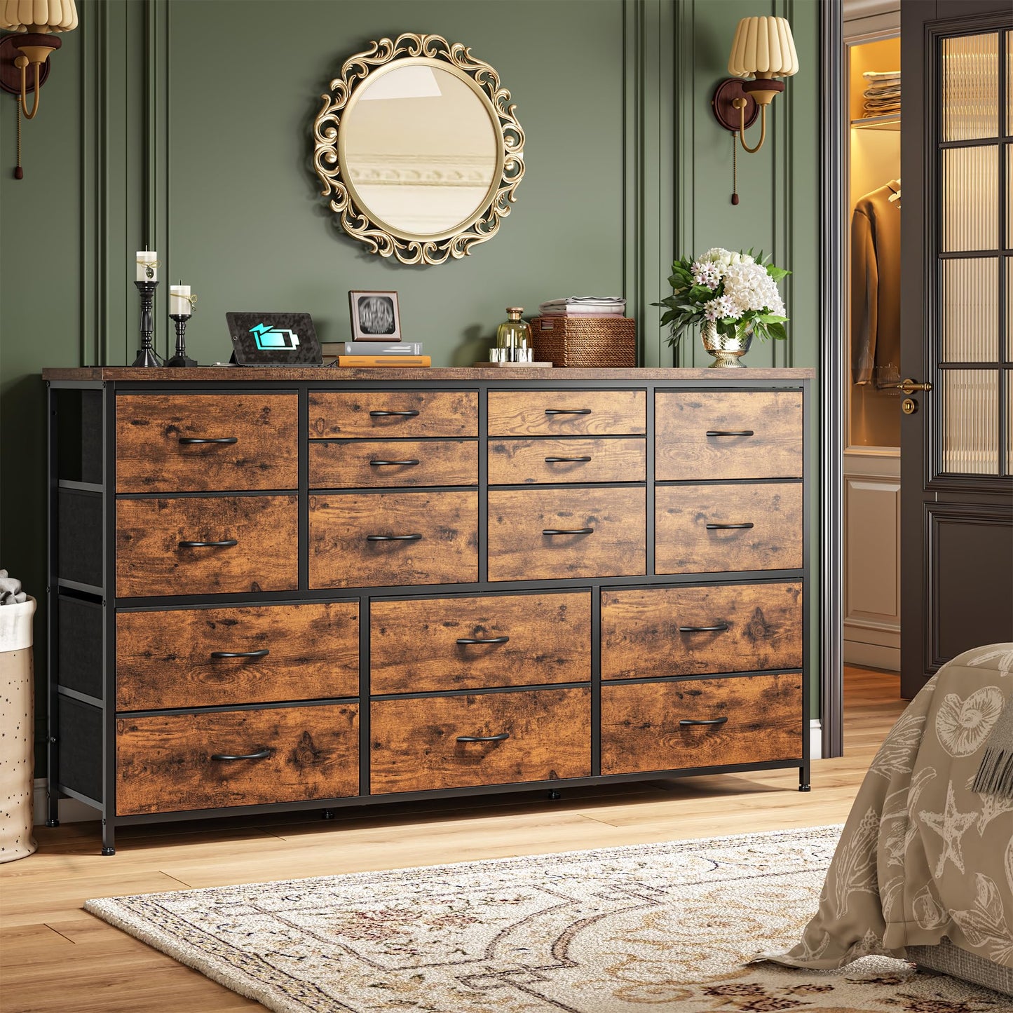 Romorgniz Dresser for Bedroom with 16 Fabric Drawers Long Dresser with Charging Station TV Stand for 60" TV Dressers & Chest of Drawers for Bedroom, Living Room, Closet, Rustic Brown