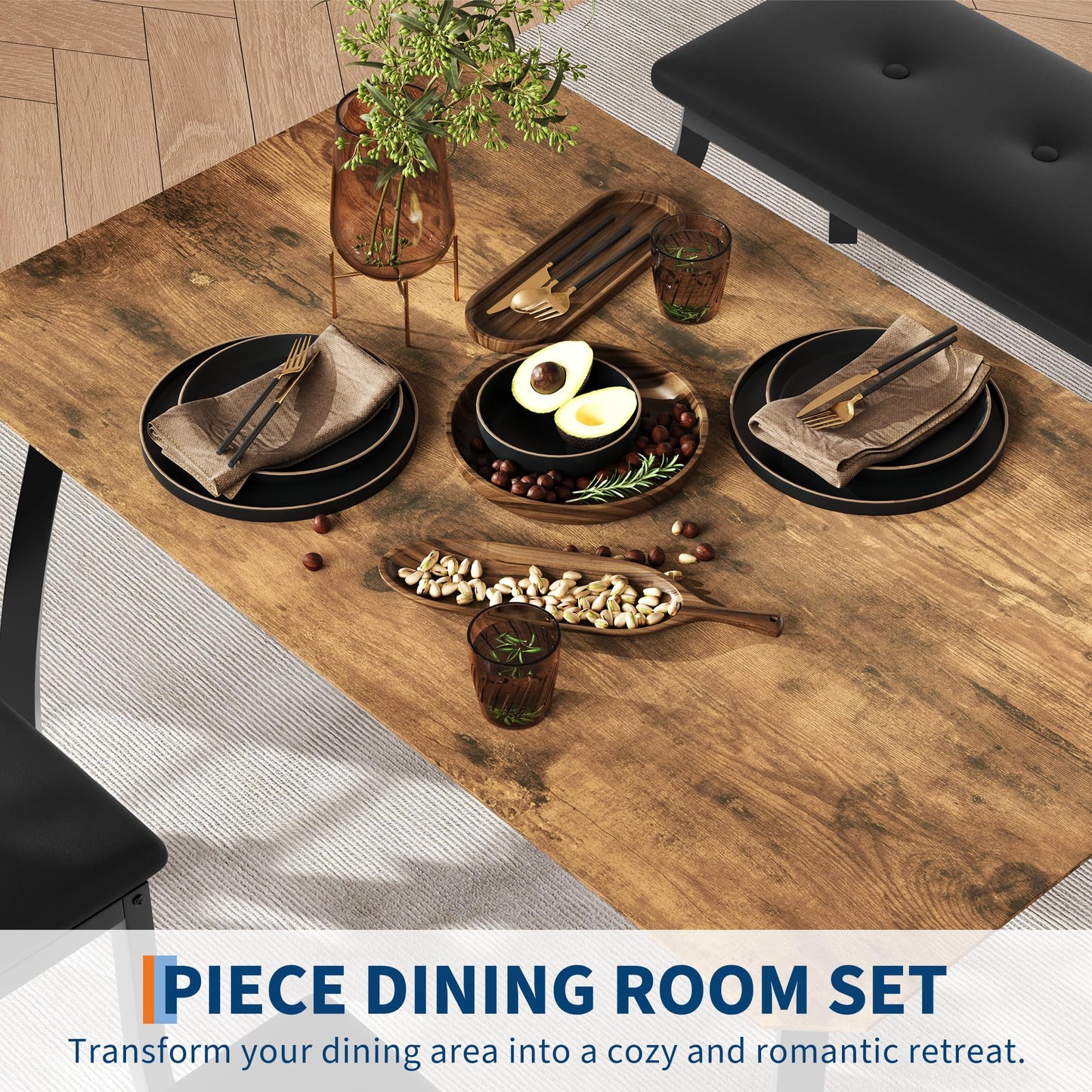 IDEALHOUSE 43'' Dining Table Set for 4, Wooden Kitchen Table with Upholstered Bench & 2 Cushion Chairs, Industrial Dinette Set for Studio, Kitchen, Dining Room, Apartment, Retro
