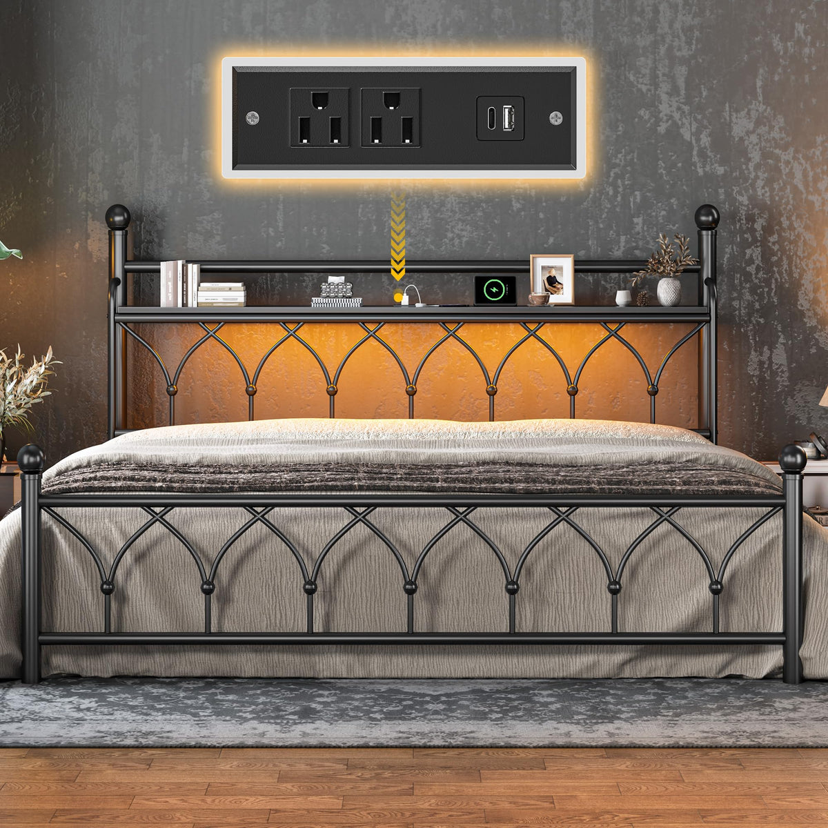 EnHomee King Bed Frame with Headboard, Metal King Size Bed Frame with LED Lights and Power Outlets, Heavy Duty Steel Slats Support with Storage, Sturdy & Noise-Free, No Box Spring Needed, Black