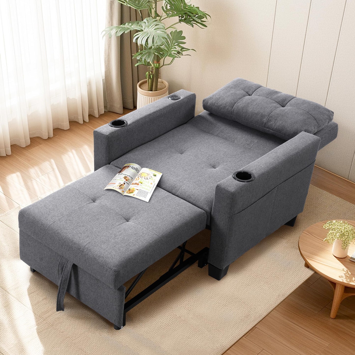 FLEXISPOT Sleeper Chair Bed with USB Ports & Cup Holders, 3-in-1 Convertible Sofa Bed for Living Room, Pull-Out Recliner Chair with Pillows, Adjustable Backrest, Small Space Furniture (Gray)