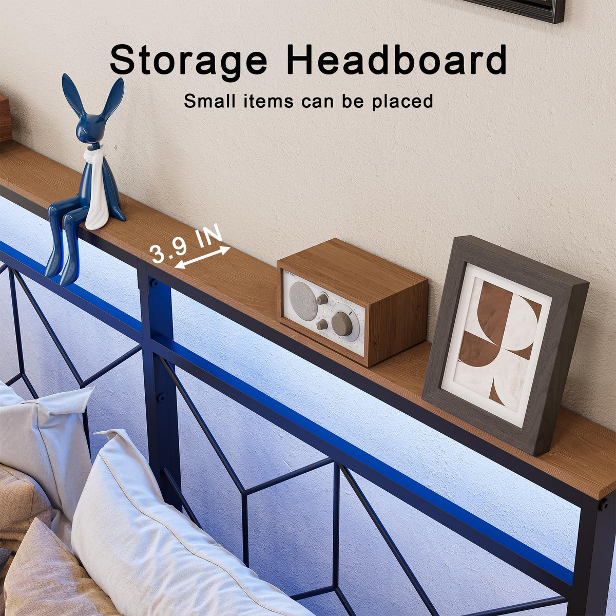 HAUSOURCE Full Size Floating Bed Frame with Storage Headboard Metal Platform Bed Frame with LED Lights and Charging Station Easy Assembly No Box Spring Needed