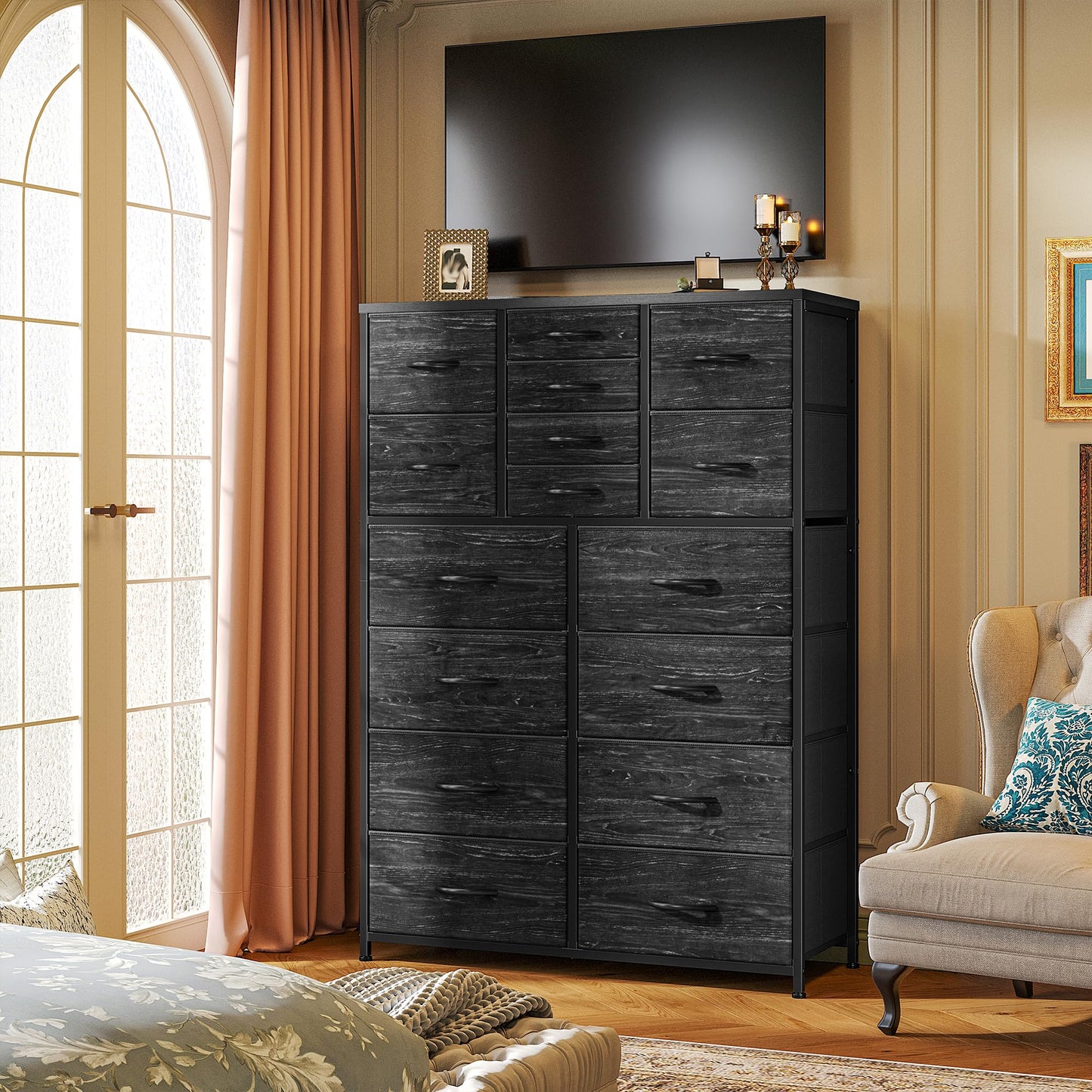 Romorgniz 57“H Tall Dresser for Bedroom with 16 Drawers,Fabric Dressers & chests of Drawers for Closet,Large Black Dresser with Sturdy Metal Frame, Wood Top,Entryway, Hallway