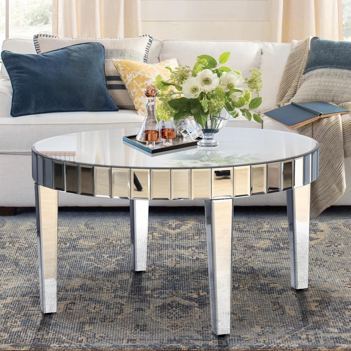 Olodumare 31.5" Round Mirrored Coffee Table, Silver Modern Center Table with Starburst Mosaic Design, Luxury Glass Accent Tea Table for Living Room, Bedroom or Office Decor