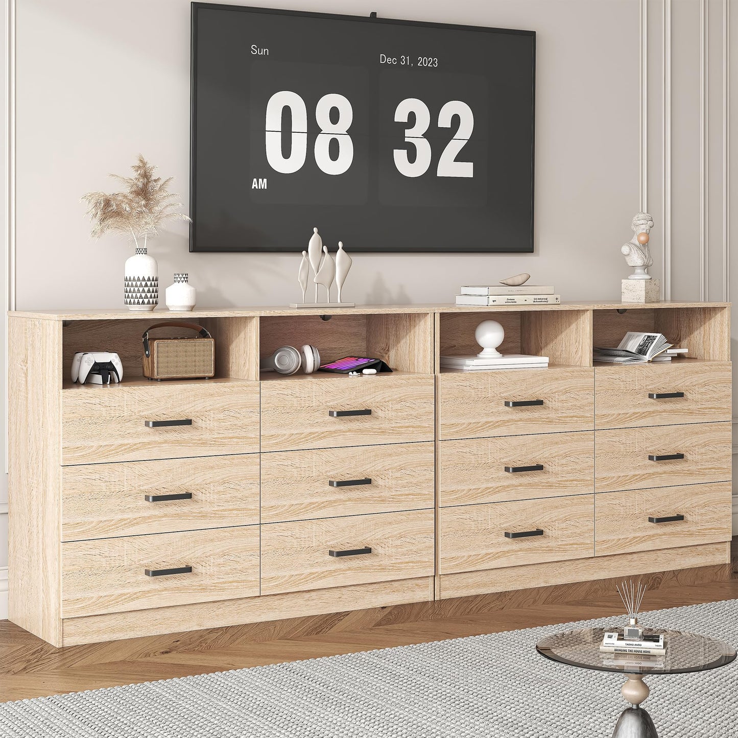 Bigbiglife 6 Drawers Dresser for Bedroom Wooden Drawer with Open Storage Cubby, Double Wide Dresser Organizer for Bedroom, Living Room, Entryway, Hallway (Light Oak)