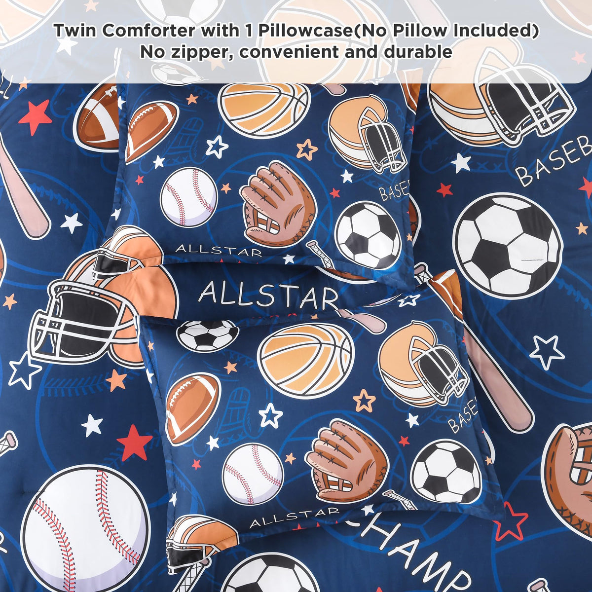 Andency Cartoon Ball Games Comforter Twin(66x90 Inch), 2 Pieces(1 Comforter, 1 Pillowcase) Soccer Basketball Baseball Football Comforter Set Sport Microfiber Bedding Set for Boys Girls Kids Teens