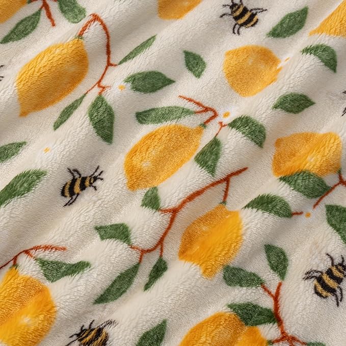 Berkshire Blanket-Classic Heavyweight Soft Printed VelvetLoft® Plush Warm Blanket, Twin Size Soft Fuzzy Blanket for Couch Sofa Bed, Lemons and Bees Yellow, 60in x 90in