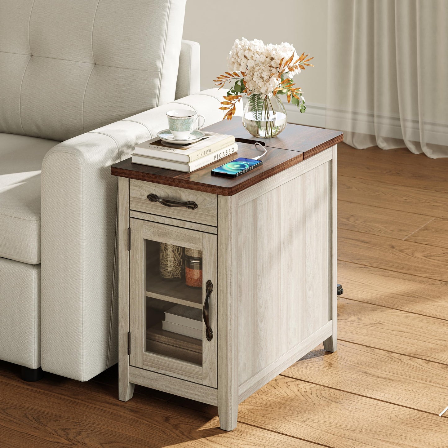 LINSY HOME End Table Set of 2 with Charging Station, Modern Farmhouse Sofa Couch Side Table, Wooden Bedside Table for Living Room, Slim Nightstand with Storage for Small Space, White Oak, Glass Door