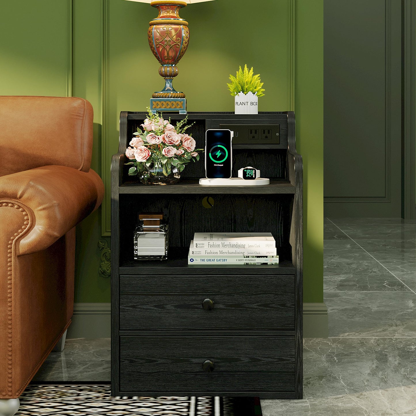 LIKIMIO Black Nightstand with LED Charging Station 2 Drawers and Storage Shelves, Left and Right Interchangeable Sockets Bed Side Table Night Stand with Drawer