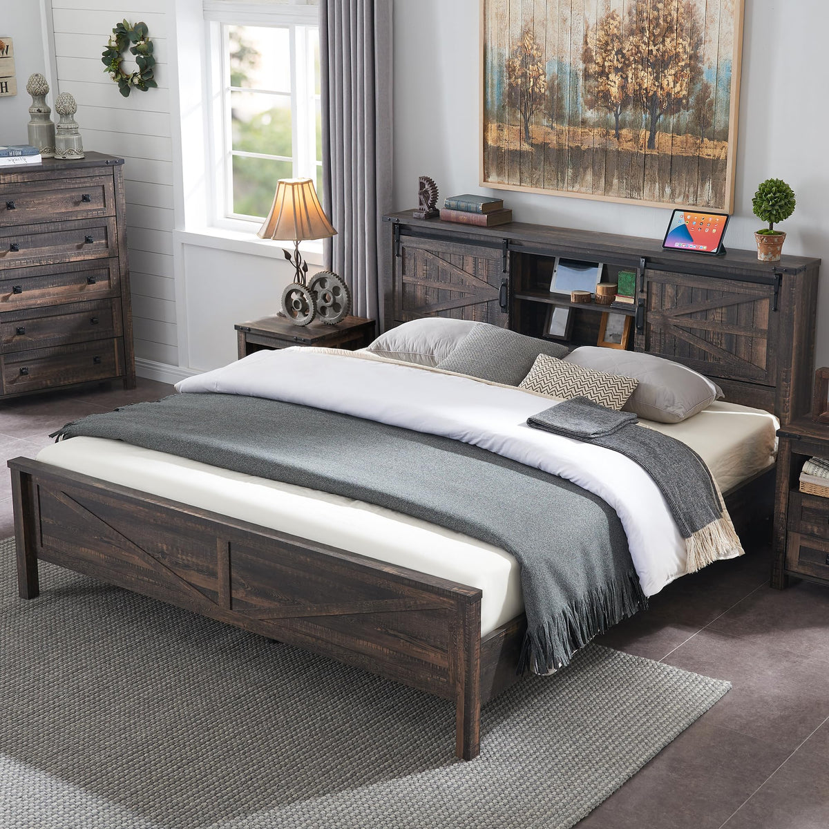 RedLemon Farmhouse King Size Bed Frame with Bookcase Headboard, Sliding Barn Door, Storage Cabinet, Charging Station, Wood Slats Support, No Box Spring Needed, Dark Rustic Oak