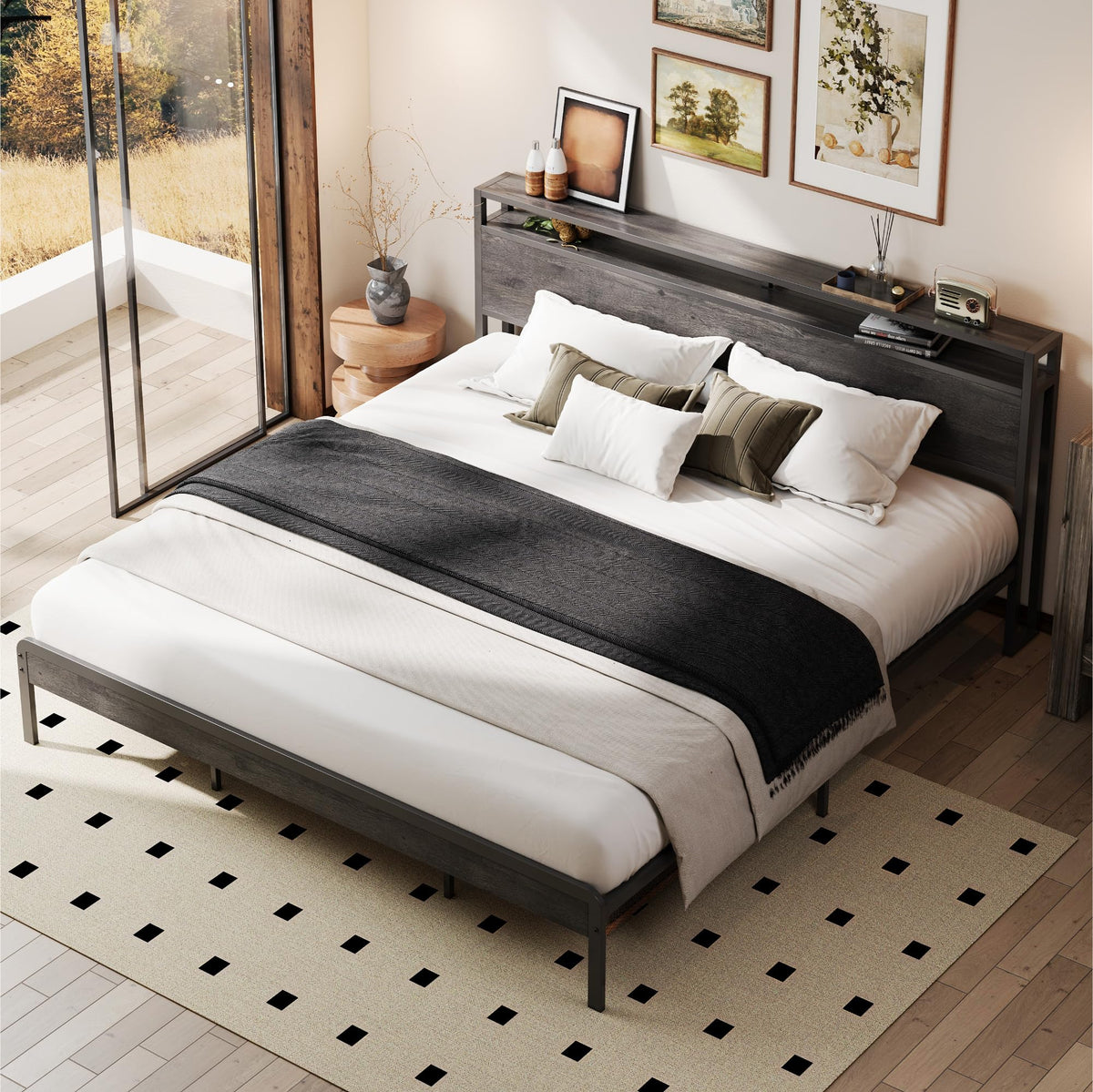 LIKIMIO California King Bed Frame with Headboard, Dark Wood Camas California King with Strong Supports, Sturdy, Noise-Free, No Box Spring Needed, Charcoal Grey