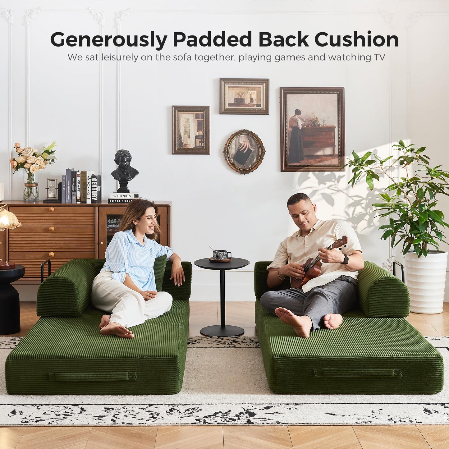 79'' Convertible Sofa Bed, Modular Couch Bed for Small Spaces with 2 Pillow, Corduroy Fabric Sofa with Plush Memory Foam, Floor Sofa Lounge Couch for Living Room Bedroom Lounge Studio（Dark Green）