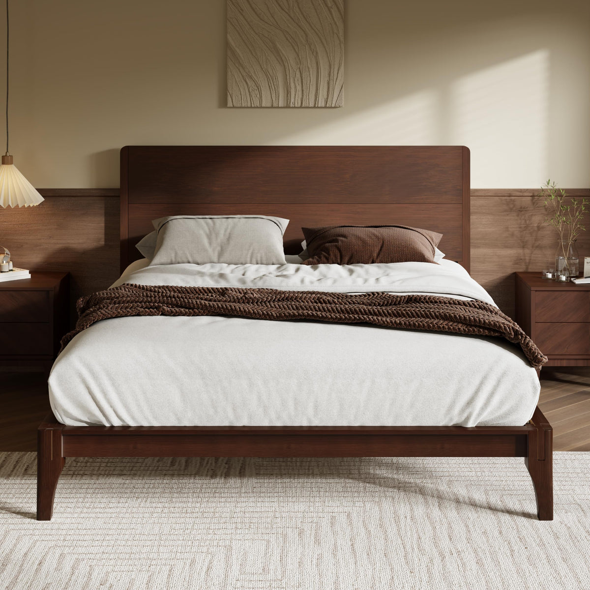 Merax Full Size Bamboo Platform Bed, Mid-Century Modern Bed Frame with Tall Headboard, Solid Sustainable Bedframe Full-Size, Wood Slat Support, No Box Spring Needed, Easy Assembly, Espresso