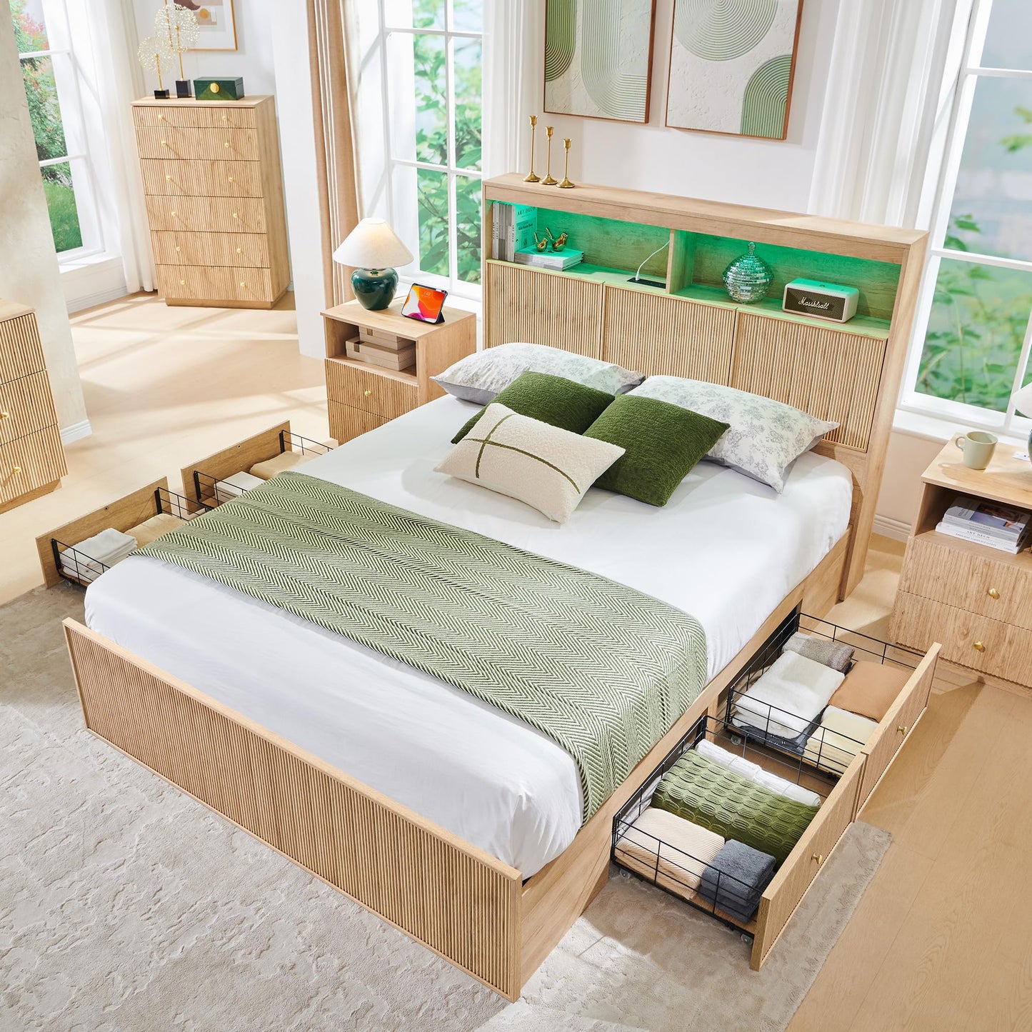 Fluted Queen Size Bed Frame with 50" Tall Storage Headboard with 4 Drawers,Wooden Platform Bed Frame with LED Lights/Storage Headboard Charging Station Easy Assembly/No Box Spring Needed/Natural