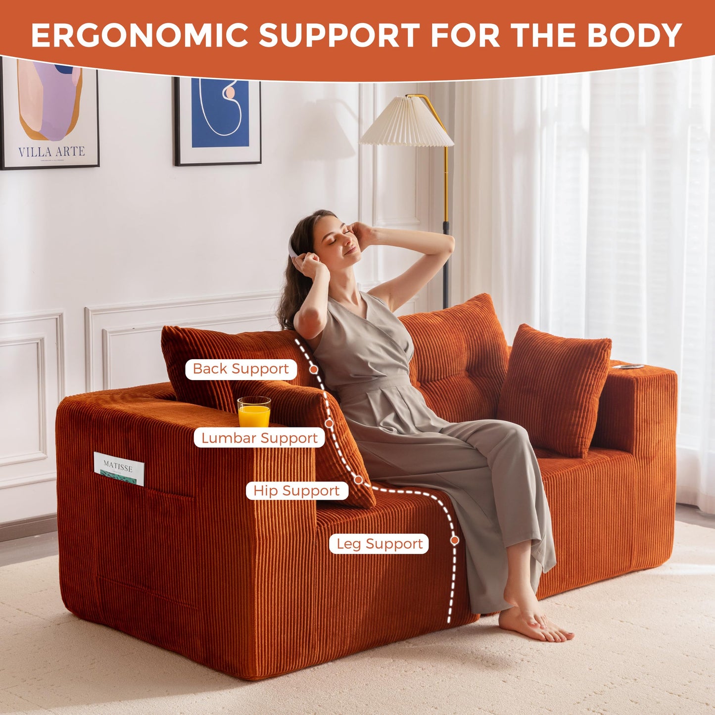 MAXYOYO Modular Sectional Sofa Couch, Loveseat Boneless Cloud Couch for Living Room, Sofa in A Box, Upholstered Cozy Chair with Tufted Craft, No Assembly Required, Orange