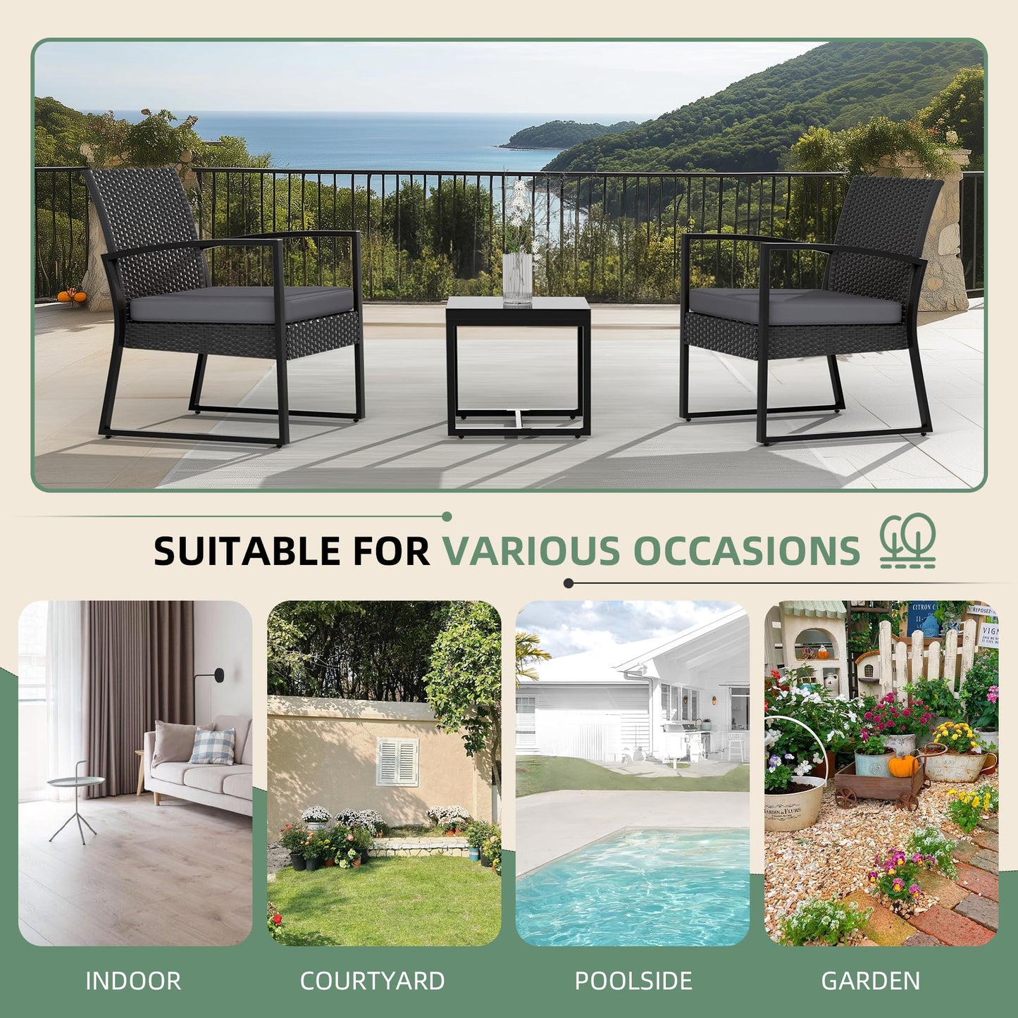 ELEGIBLISS 3-Piece Patio Furniture Set, Wicker Rattan Chairs with Coffee Table, Metal Frame, for Outdoor Balcony, Porch