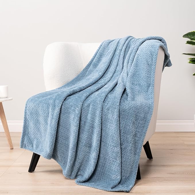 PAVILIA Soft Fleece Dusty Blue Throw Blanket for Couch, Lightweight Plush Warm Blankets for Bed, Fuzzy Cozy Flannel Blanket Throw for Sofa, Travel, Jacquard Pattern, Dusty Blue, Twin, 60x80 inch