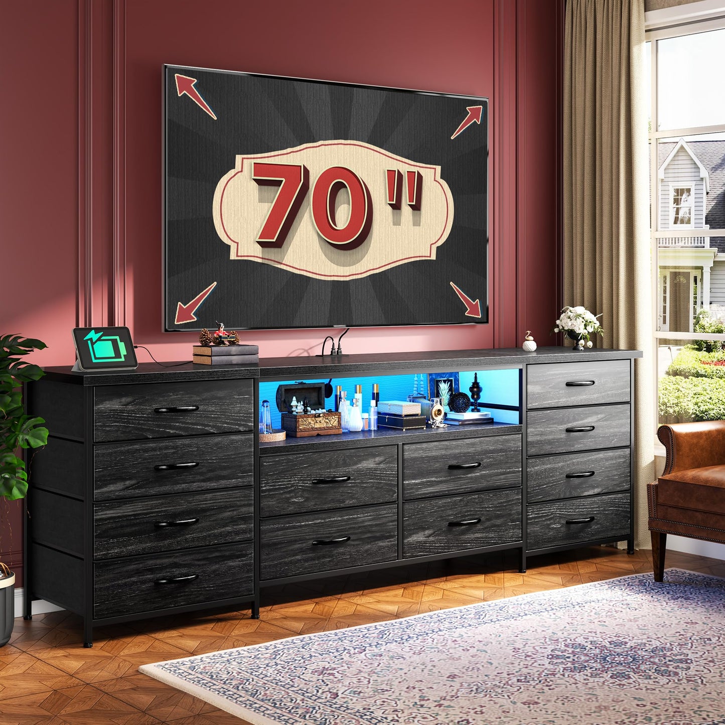 Romorgniz 63" Long Dresser for Bedroom with 12 Fabric Drawers Entertainment Center with LED Lights & Power Outlets TV Stand for 70 Inch TV, Storage Organizer for Bedroom, Black