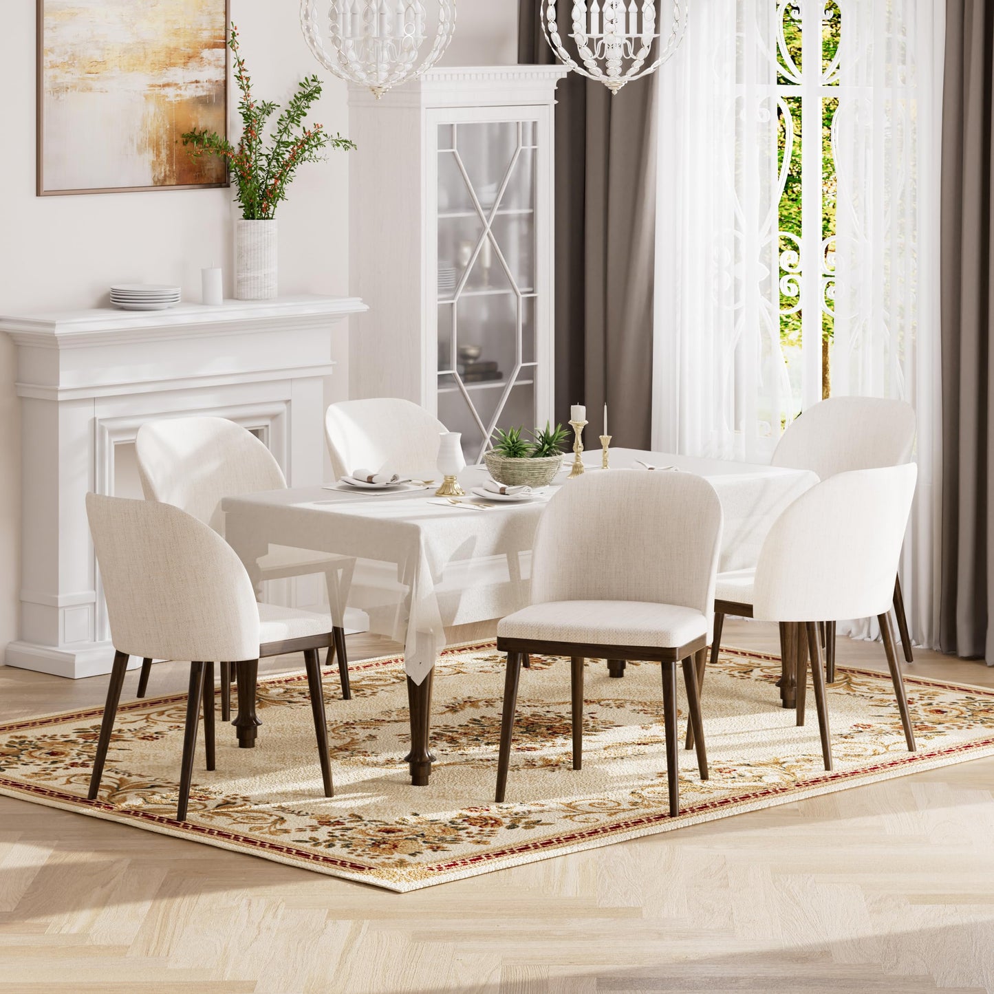 Homixis Upholstered Dining Chairs Set of 6 - Line Fabric Modern Dining Room Chairs, Mid-Back Restaurant Kitchen Chairs with Wooden Legs