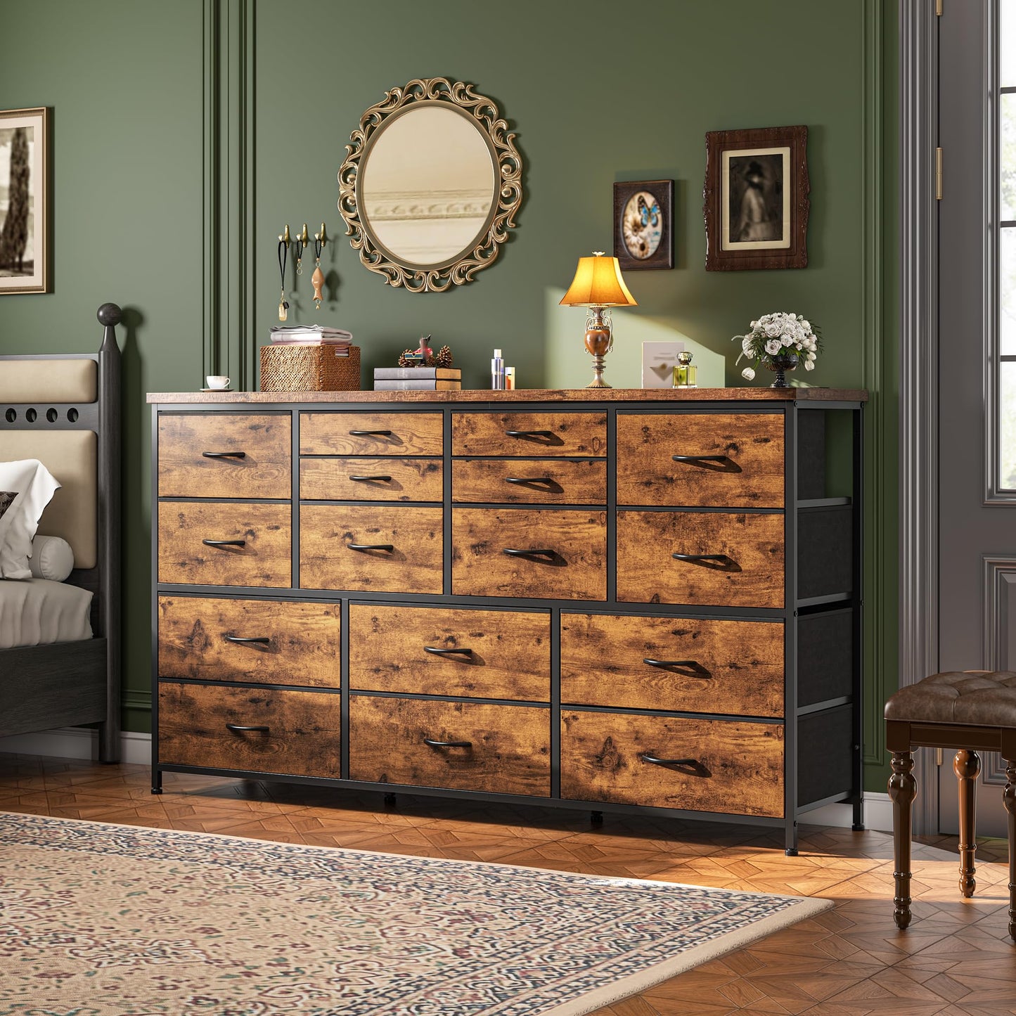 Romorgniz Dresser for Bedroom with 16 Fabric Drawers Long Dresser with Charging Station TV Stand for 60" TV Dressers & Chest of Drawers for Bedroom, Living Room, Closet, Rustic Brown
