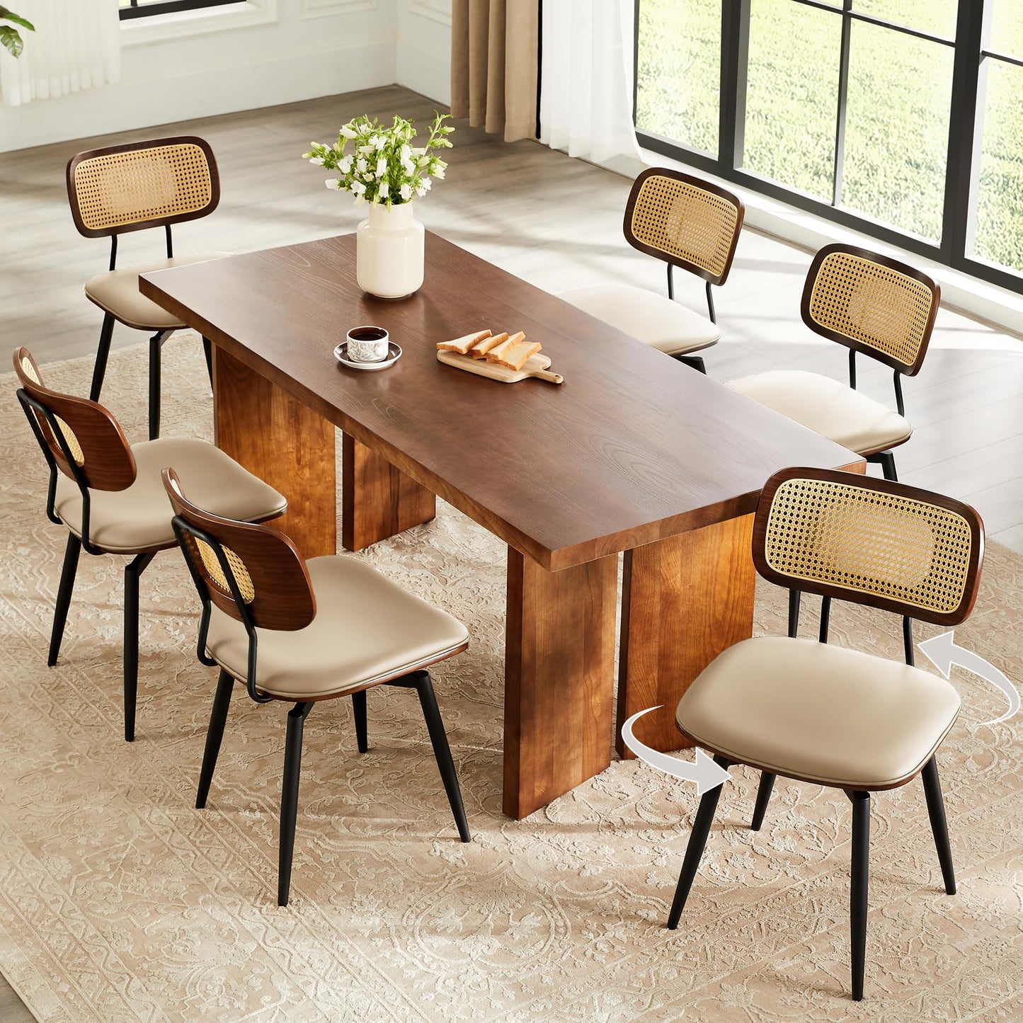 Quenvo Swivel Dining Chairs with Rattan Back, Rattan Leather Dining Chairs with Swivel Metal Legs, Mid-Century Modern Synthetic Leather Upholstered Kitchen Chair, Set of 4, Beige