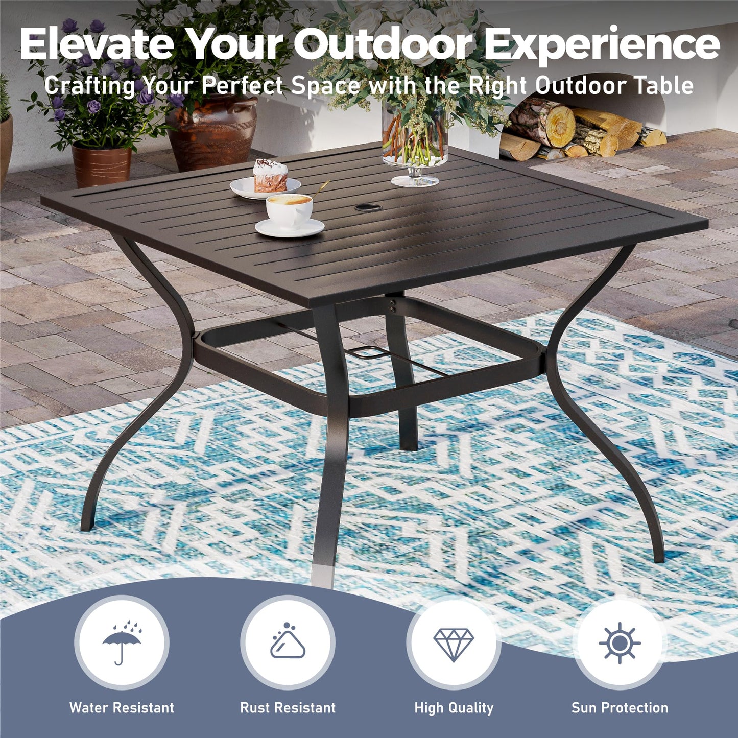 SUNSHINE VALLEY 5 Piece Patio Dining Set for 4, 37”x37” Square Table with Umbrella Hole and 4 Metal Blue Chairs, Outdoor Table and Chairs Set for Lawn Backyard and Deck