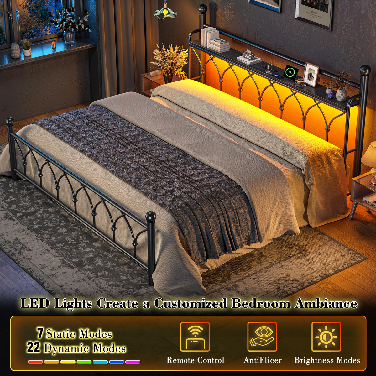 EnHomee King Bed Frame with Headboard, Metal King Size Bed Frame with LED Lights and Power Outlets, Heavy Duty Steel Slats Support with Storage, Sturdy & Noise-Free, No Box Spring Needed, Black