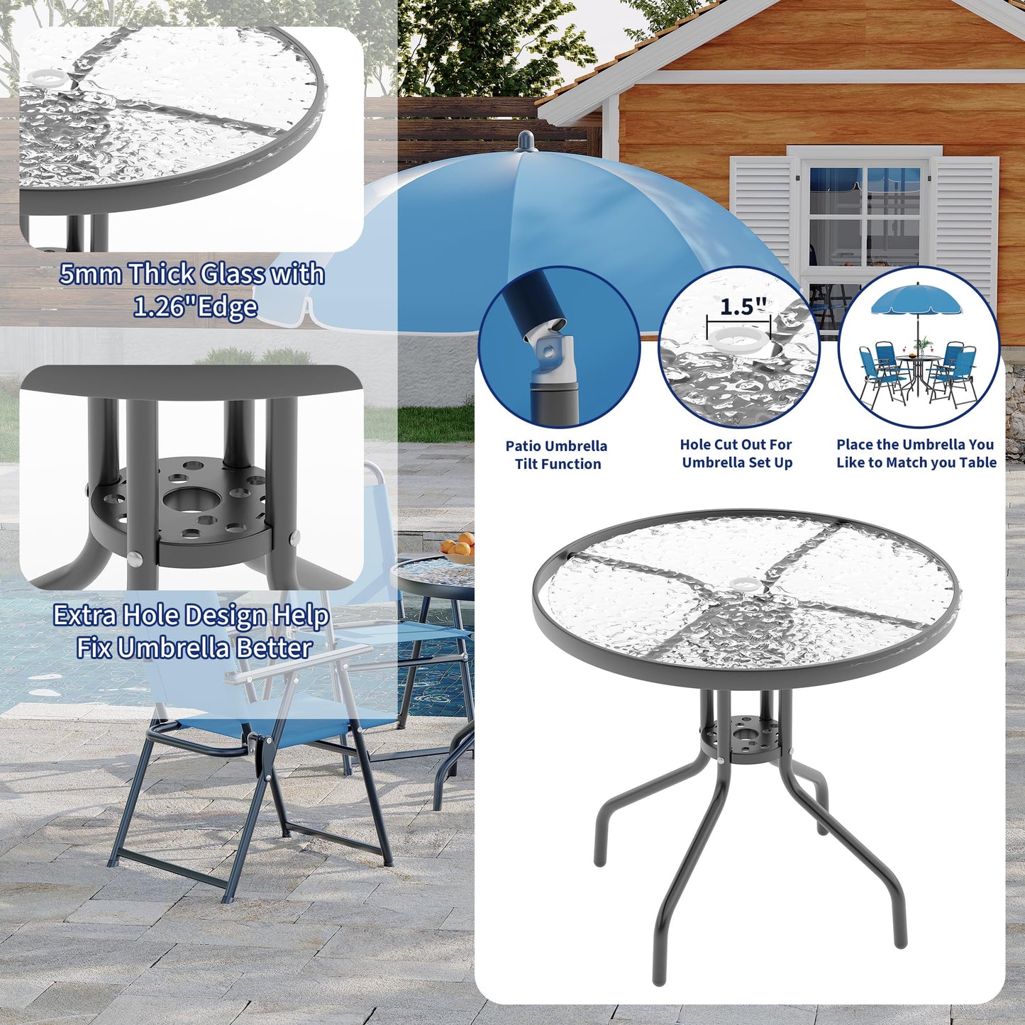 Patio Dining Set for 4 With Umbrella, Outdoor Furniture Set With 4 Folding Dining Chairs, Outdoor Table Umbrella Set With Tempered Glass Top Dinings Table