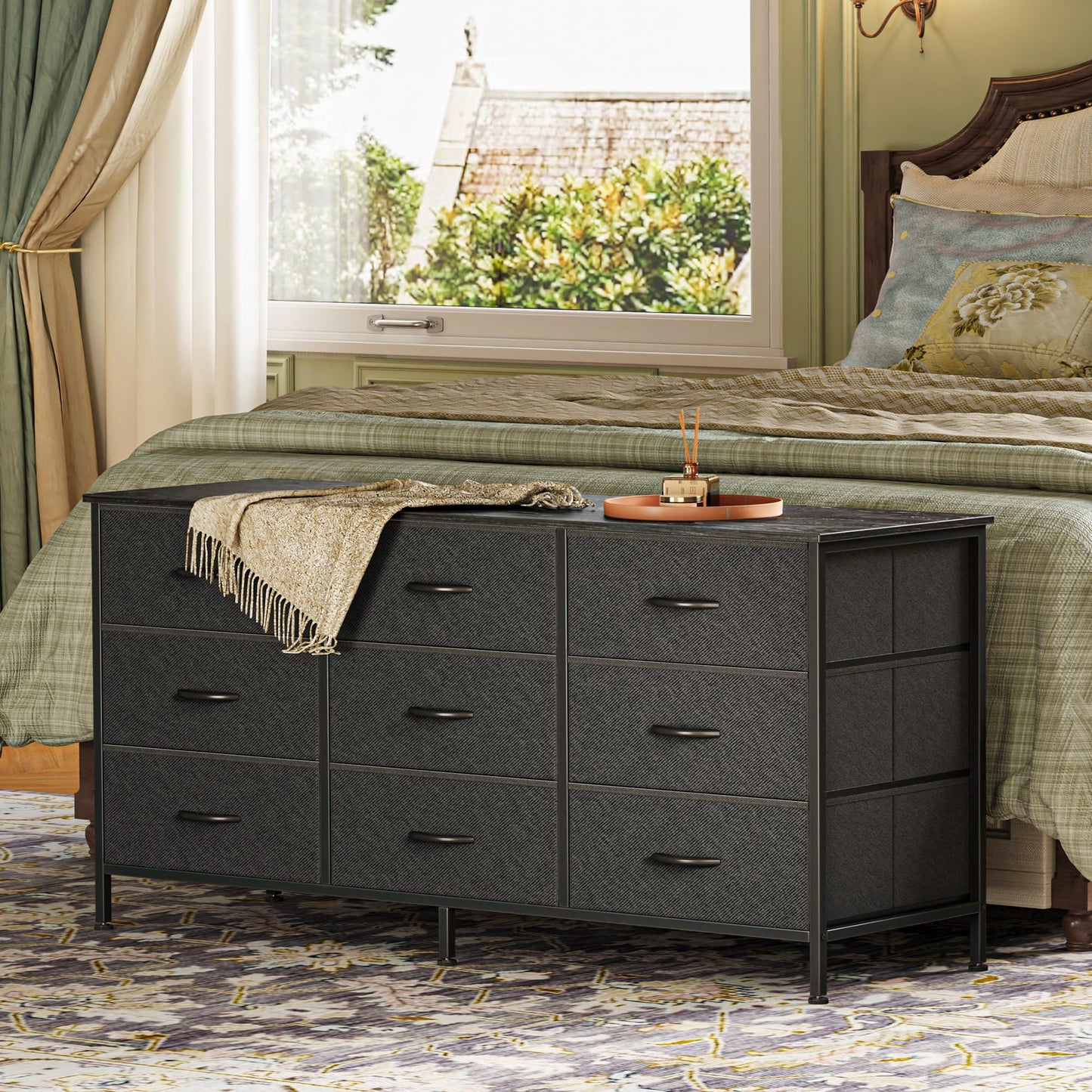 Huuger 9 Drawer Dresser, 47 Inch Dresser TV Stand for 50, 55 Inch TV, Entertainment Center with Drawers, Fabric Chest of Drawer for Bedroom, Closet, Black