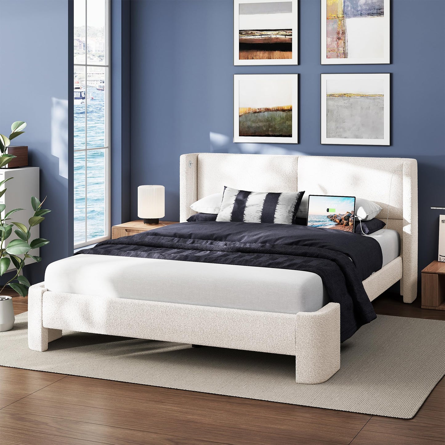 LIKIMIO Queen Bed Frame with Headboard, Upholstered Bed Frames with USB Ports, Base Cama Bed Frame No Box Spring Needed, Cream White
