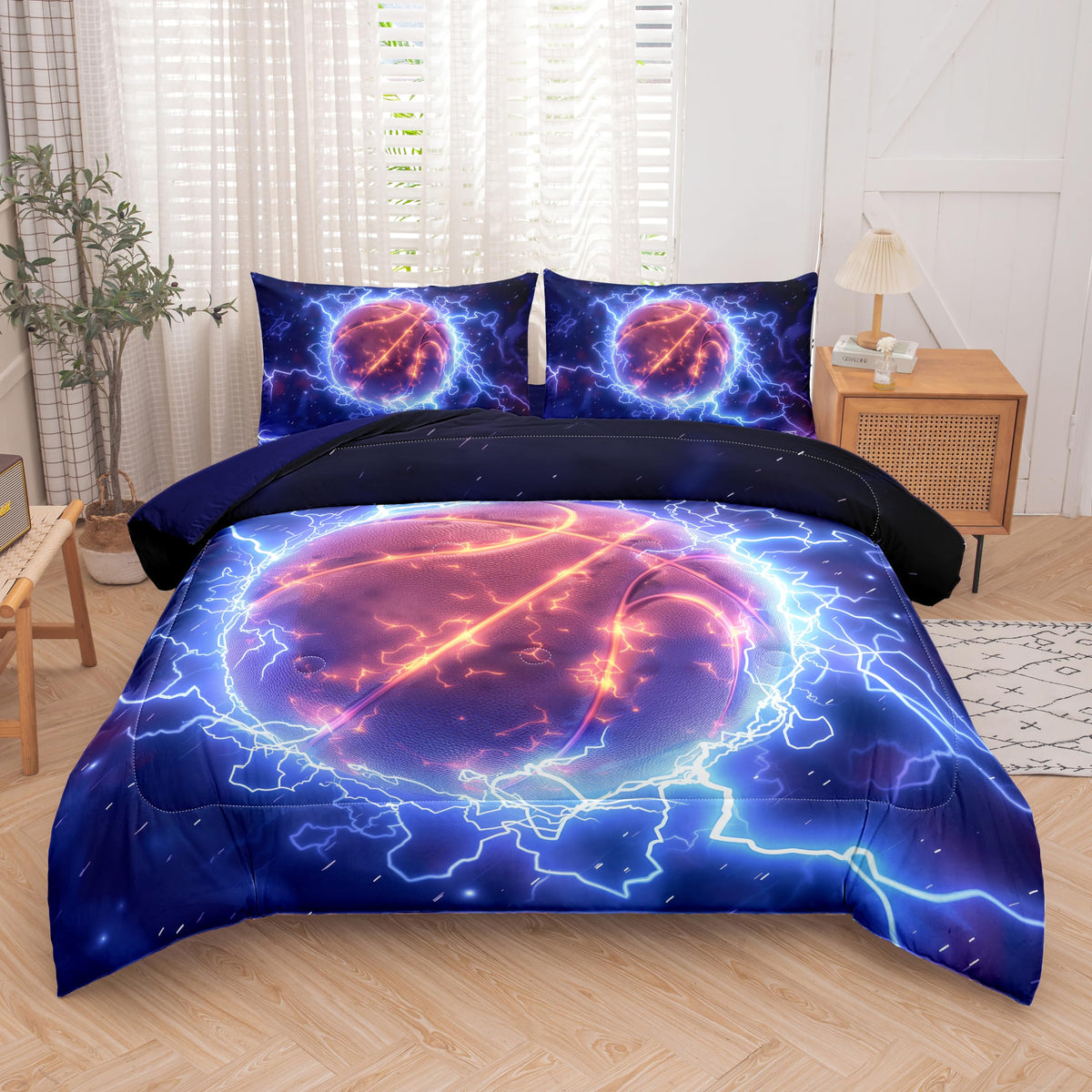 Helloosun 5PCS Basketball Comforter Set Twin,Sports Bedding Sets for Boys,Twin Comforter Sets for Boys,Blue Lightning Basketball Bedding Set with Sheets