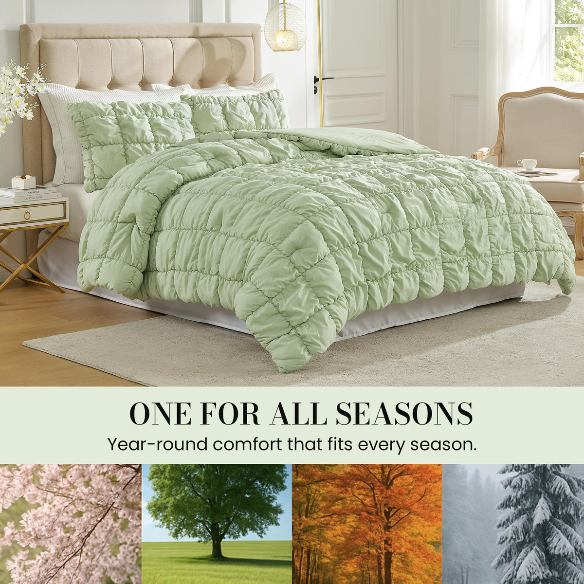 Amélie Home Sage Green Comforter Set Queen, Bubble Lightweight Bed Set Queen Size for All Seasons, 3 Pieces, Bedding Set with Comforters and Pillow Cases