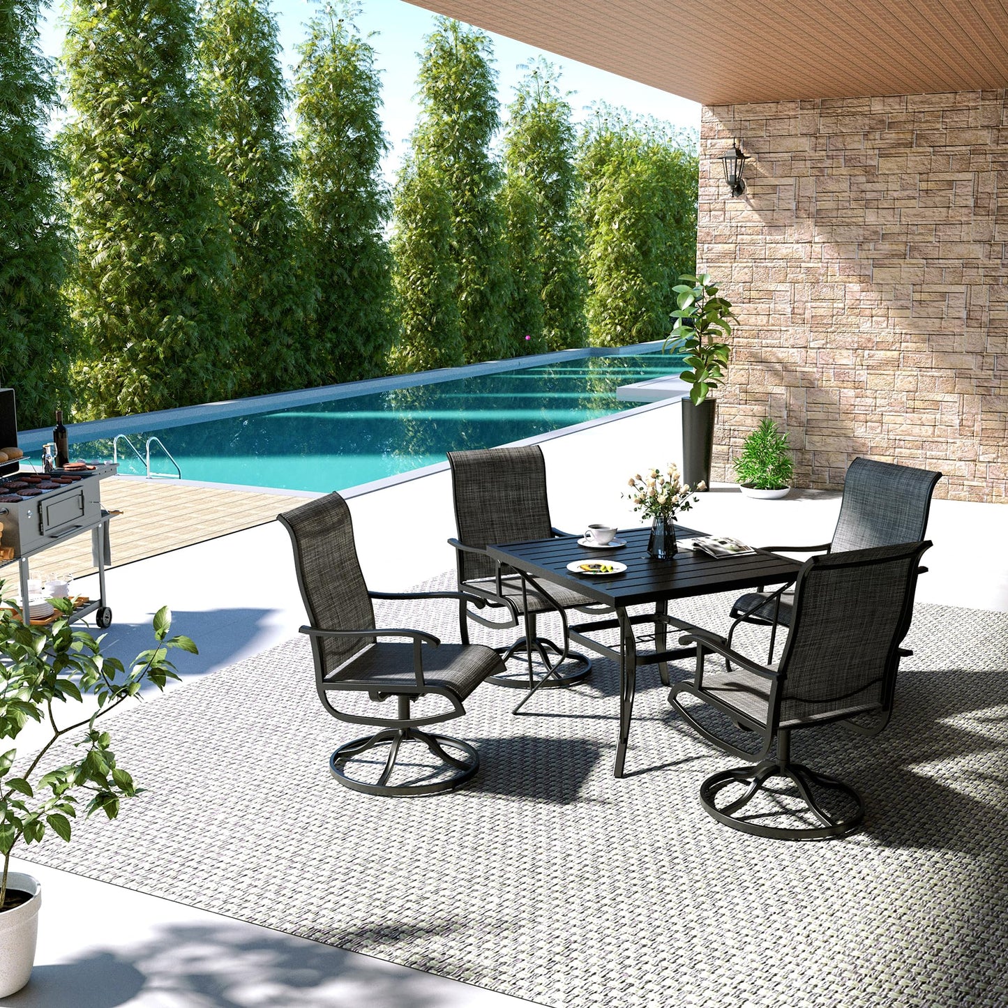 Pamapic 5-Piece Outdoor Dining Set, Patio Dining Set for 4, Outdoor Table and Chairs, All-Weather Outdoor Patio Set with Textilene Swivel Chairs for Garden, Poolside, Deck，Gray