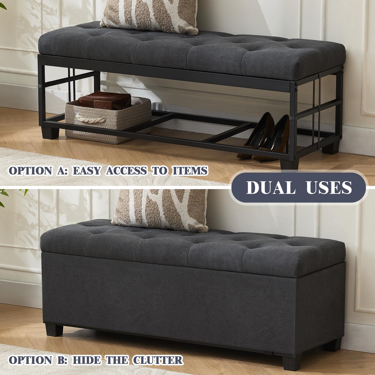 Mangodan 43’’ Storage Ottoman Bench, Linen Entryway Benches Load up to 660 Lb, Modern End of Bed Benches for Bedroom, Ottoman with Storage Bench for Living Room, Dark Gray