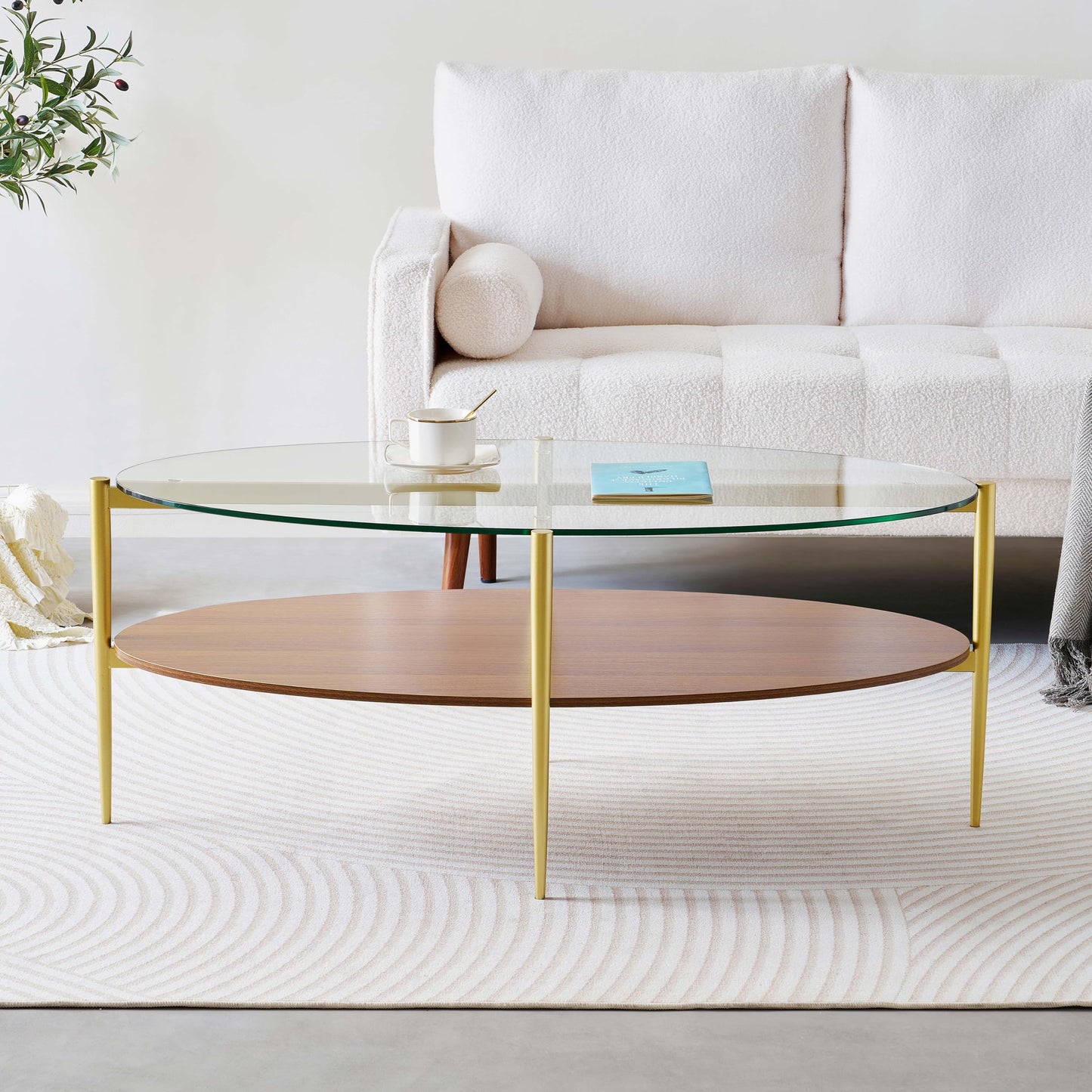 LumFurn Oval Glass Coffee Table, Mid-Century Modern Design, L43 x W22 x H17 inch, 2-Tier Structure, Olive Shaped Clear Glass Top and Walnut Finish Wood Shelf, Tapered Legs with Gold Finish Frame