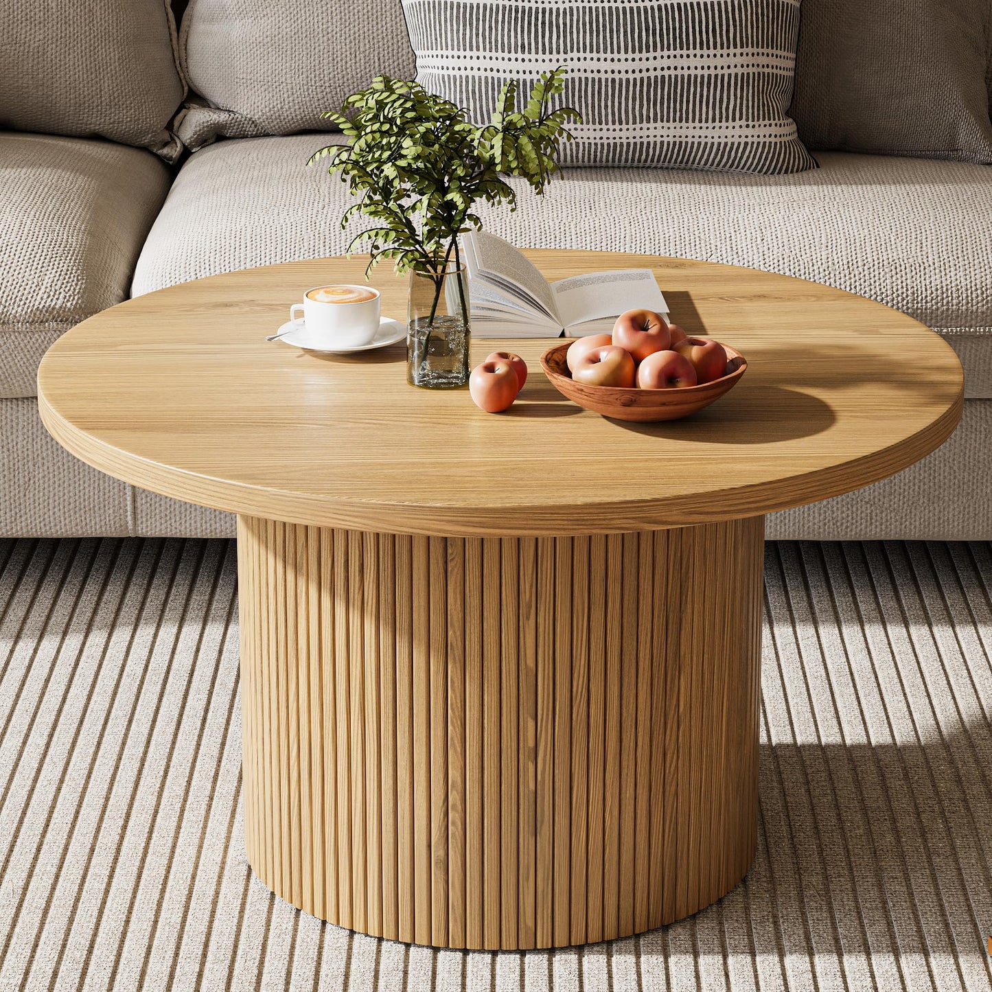 MAISONARIA Round Coffee Table with Storage, 35" Coffee Tables for Living Room, Circle Wood Accent Center Table for Apartment, Oak