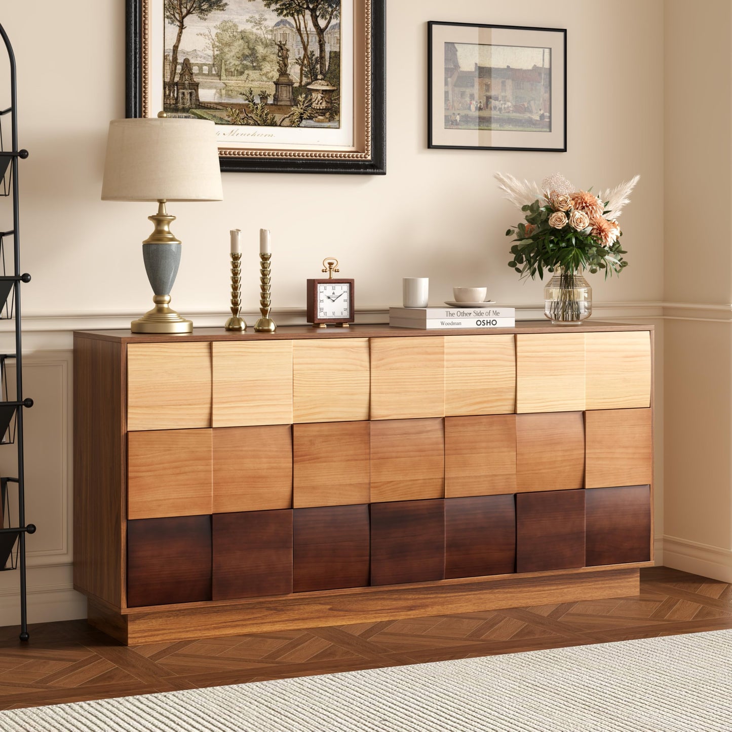Lamohome Solid Wood Fronts 9 Drawer Dresser, 65" Wide Modern Chest with Gradient Block Design for Bedroom & Living Room