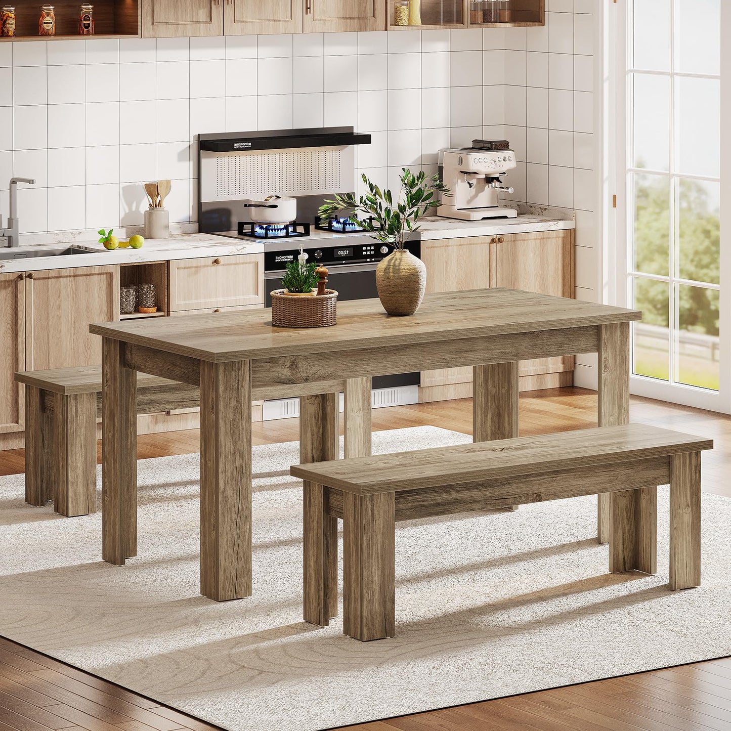 Tribesigns Dining Table Set for 6, 55.1-Inch Rectangle Kitchen Table with 2 Benches, 3-Piece Wooden Dining Room Table Set for Kitchen